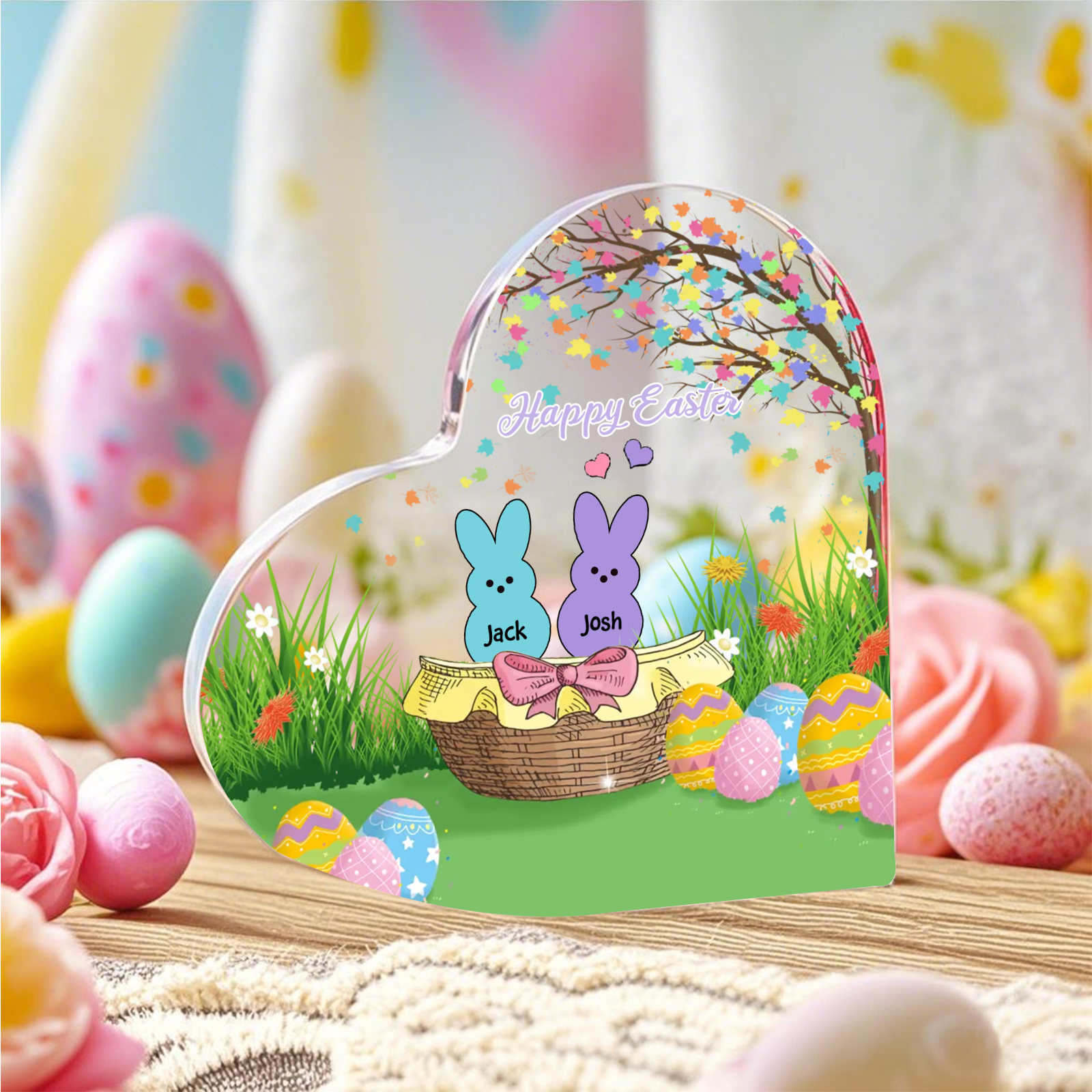 Personalisierbarer 1 Text & 2 Namen Ostern Herz-Acryl-Deko mit Hase