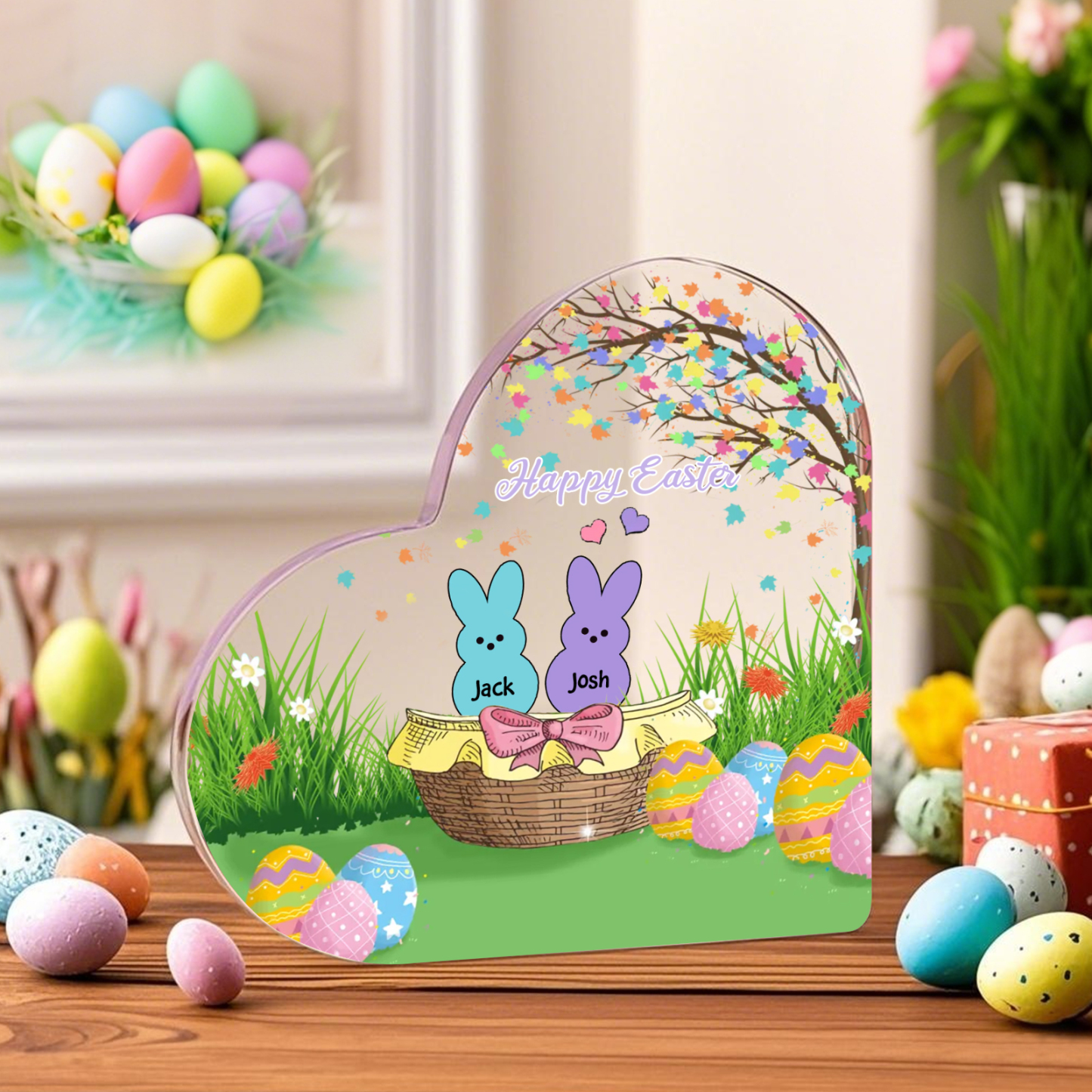 Personalisierbarer 1 Text & 2 Namen Ostern Herz-Acryl-Deko mit Hase