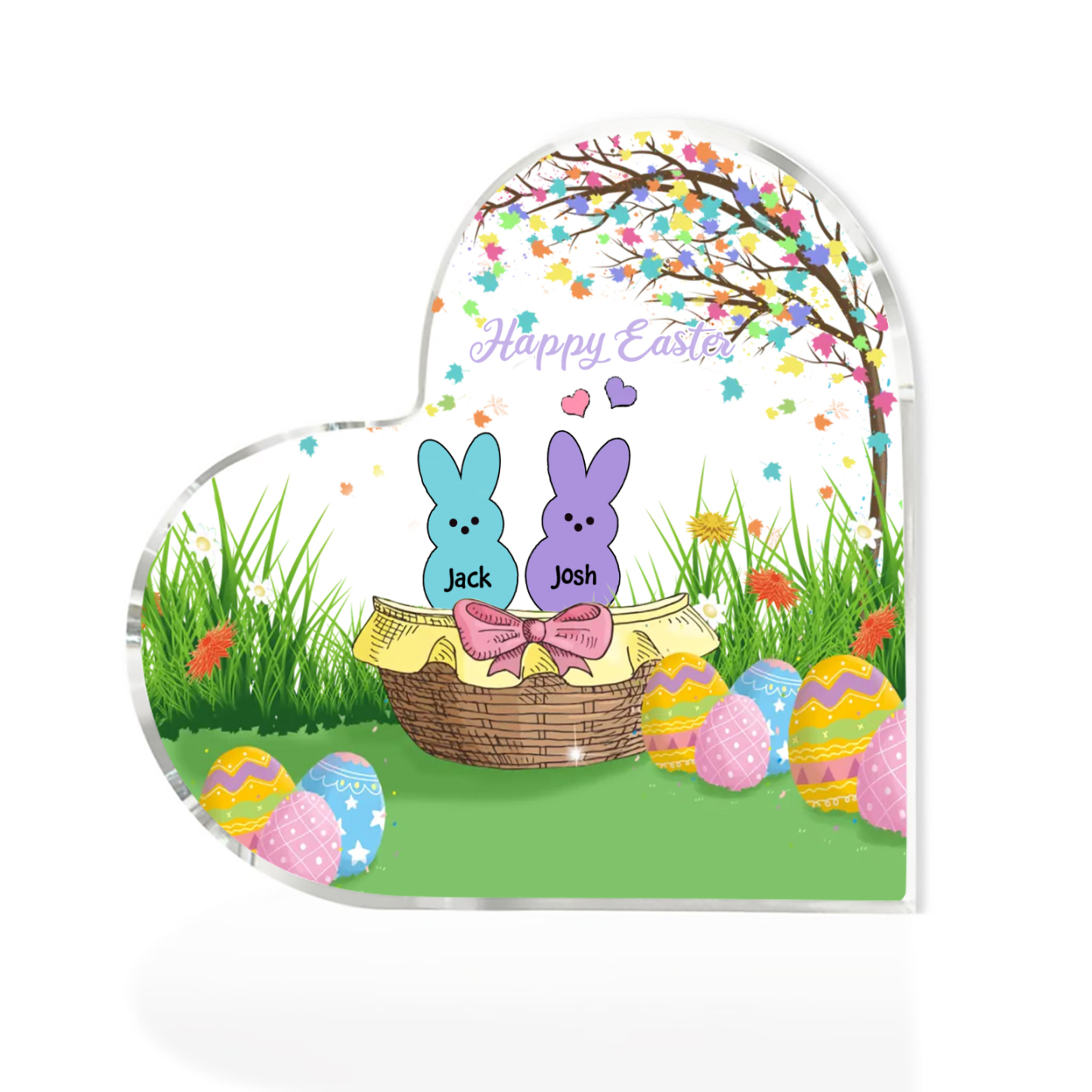 Personalisierbarer 1 Text & 2 Namen Ostern Herz-Acryl-Deko mit Hase