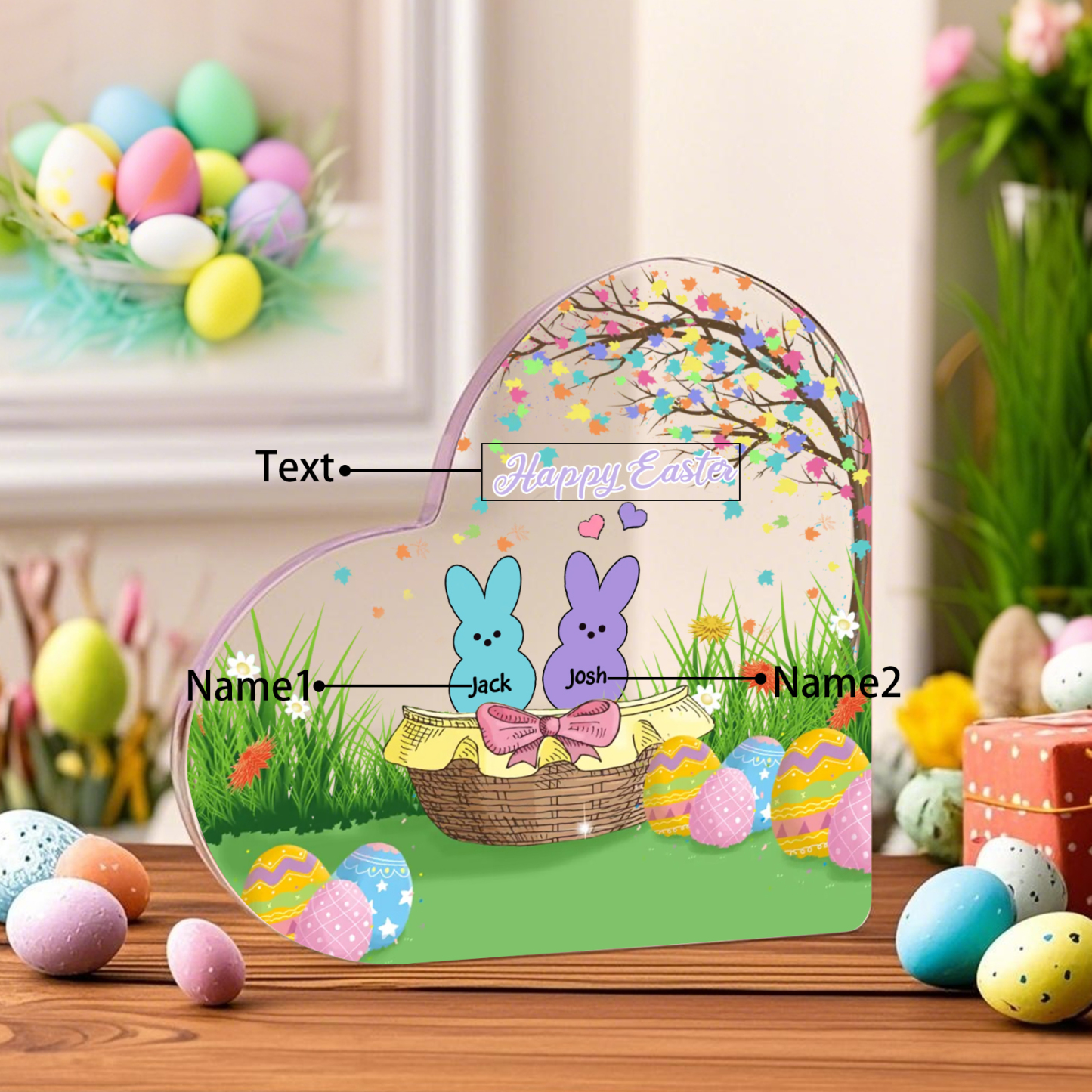 Personalisierbarer 1 Text & 2 Namen Ostern Herz-Acryl-Deko mit Hase