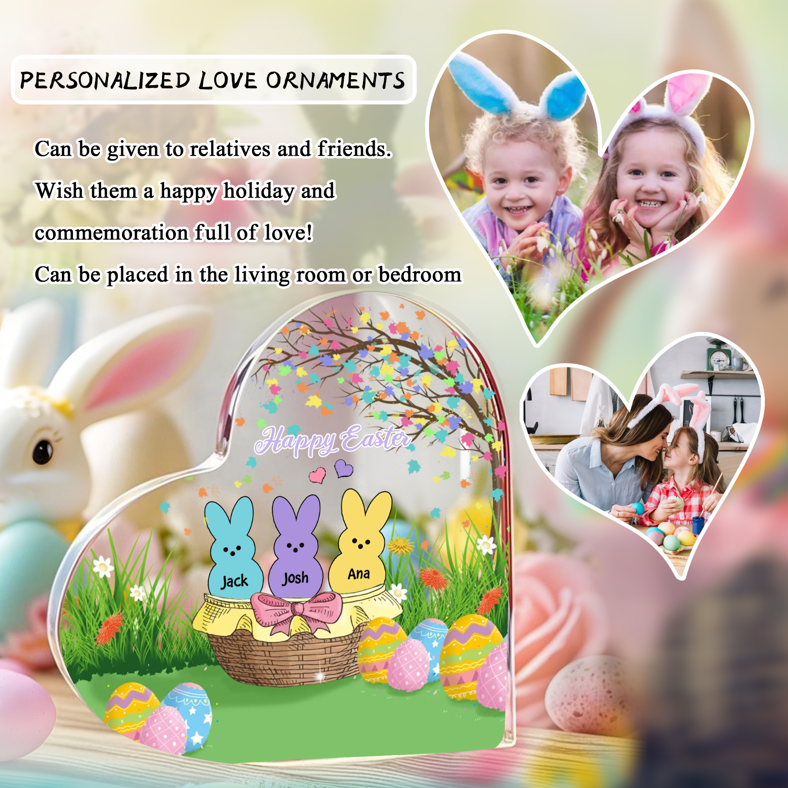 Personalisierbarer 1 Text & 3 Namen Ostern Herz-Acryl-Deko mit Hase