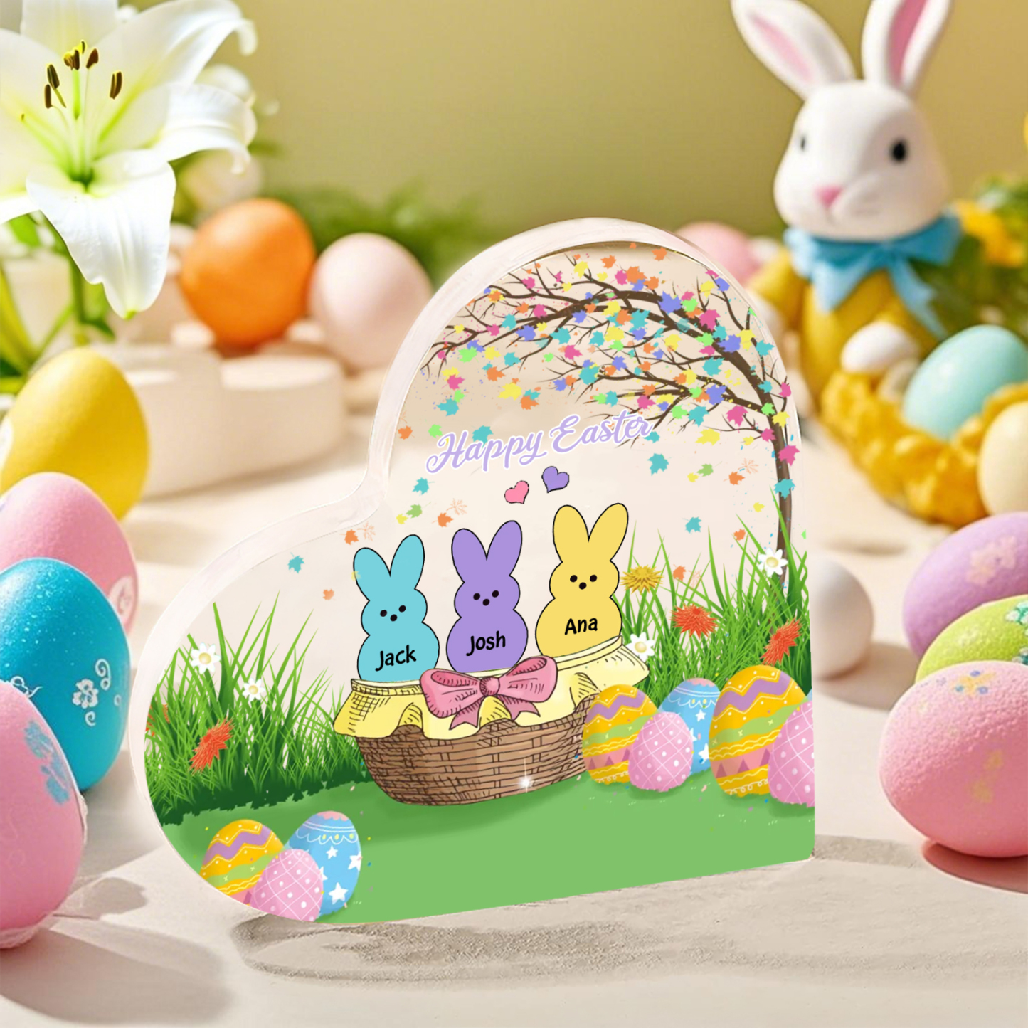 Personalisierbarer 1 Text & 3 Namen Ostern Herz-Acryl-Deko mit Hase