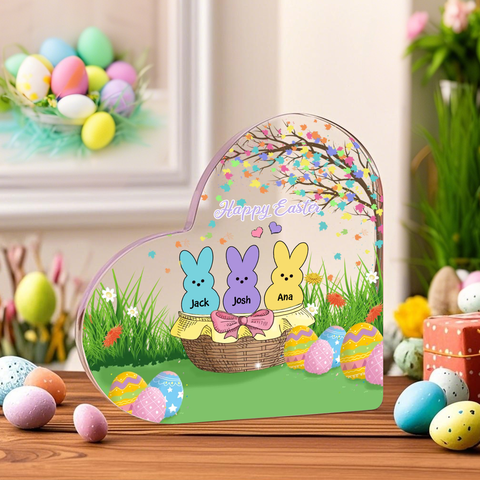 Personalisierbarer 1 Text & 3 Namen Ostern Herz-Acryl-Deko mit Hase