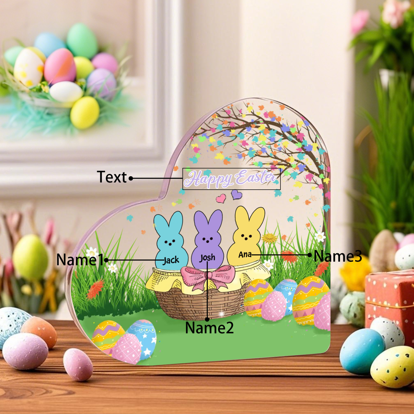 Personalisierbarer 1 Text & 3 Namen Ostern Herz-Acryl-Deko mit Hase