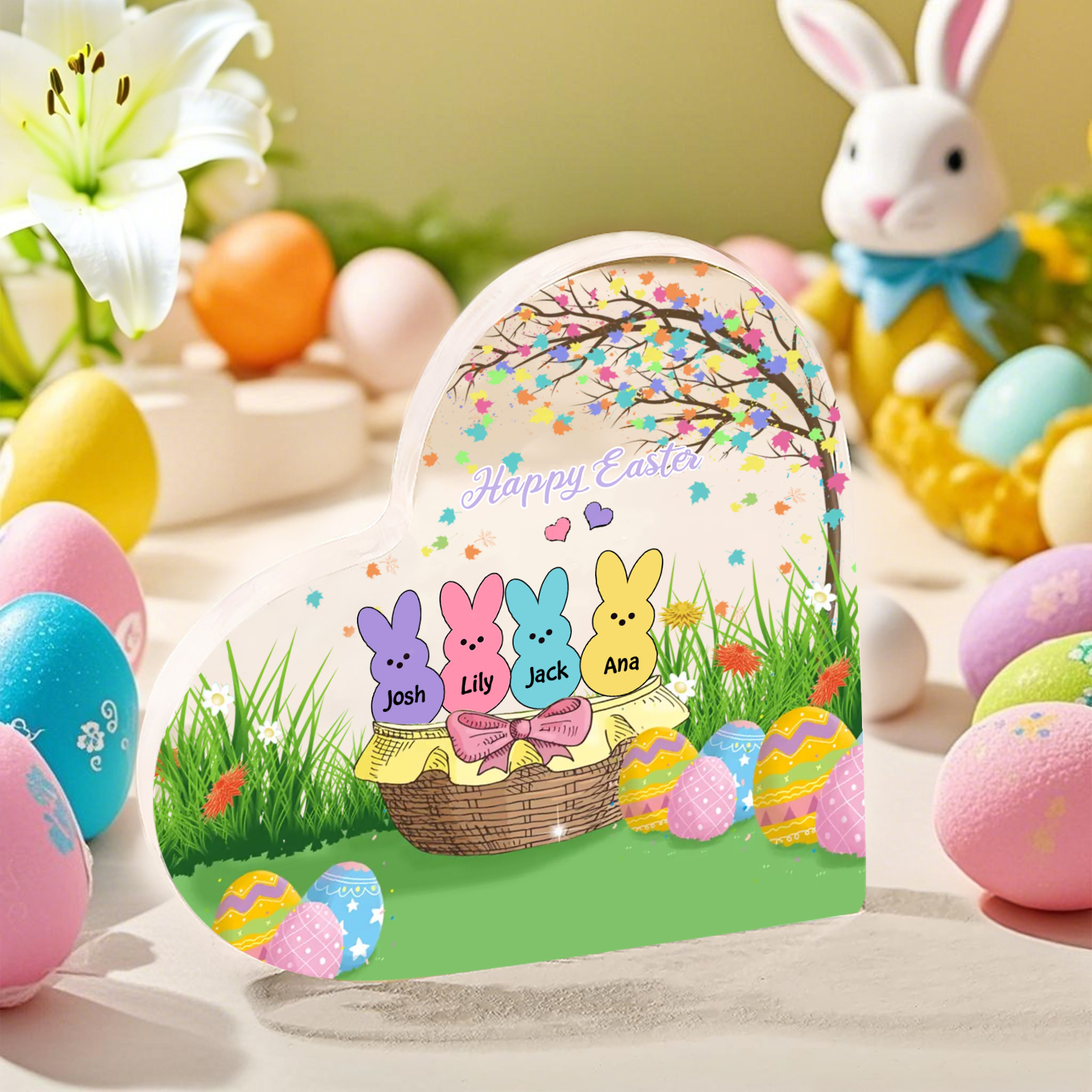 Personalisierbarer 1 Text & 4 Namen Ostern Herz-Acryl-Deko mit Hase