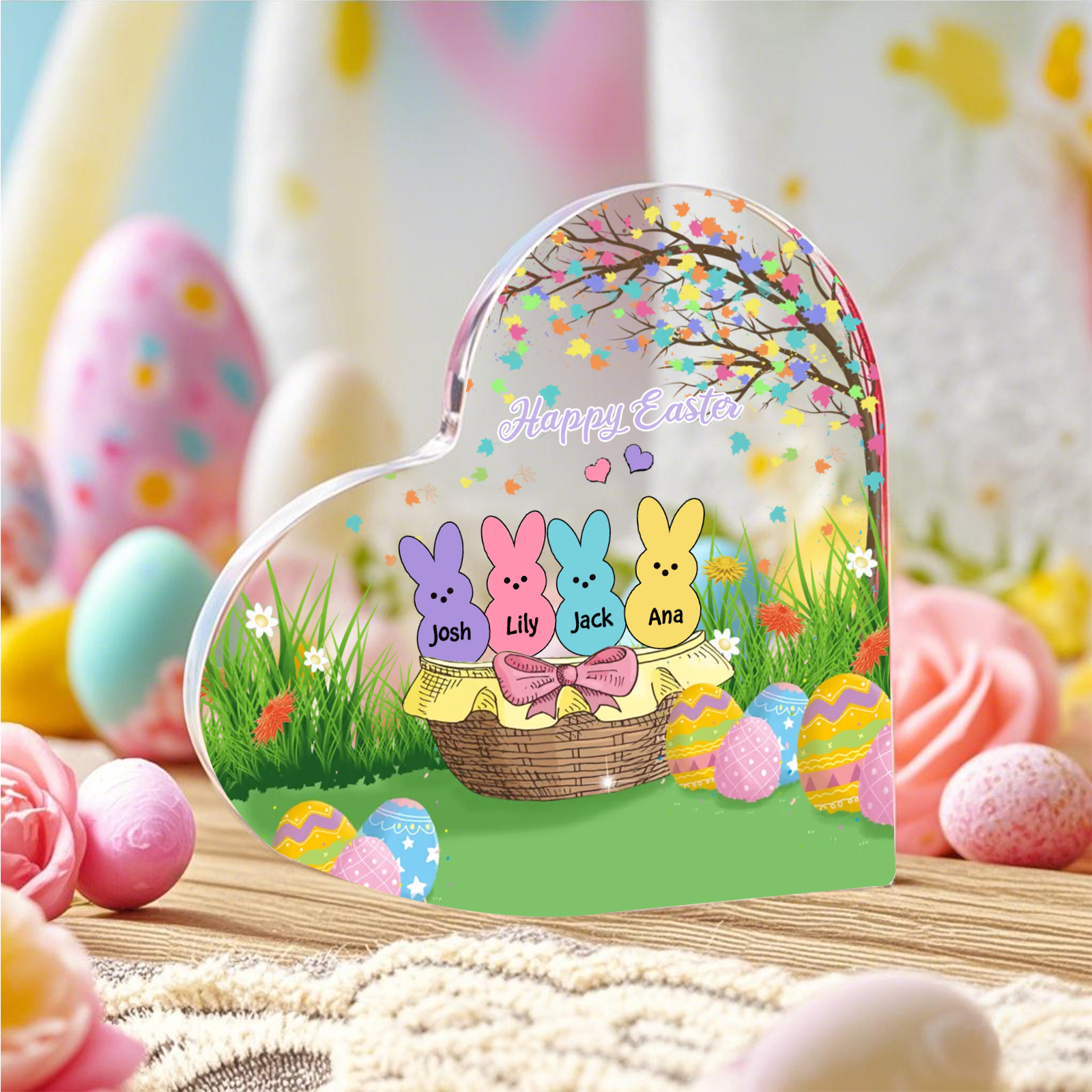 Personalisierbarer 1 Text & 4 Namen Ostern Herz-Acryl-Deko mit Hase