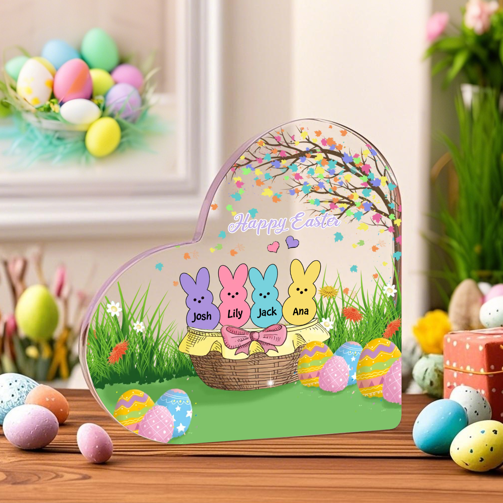 Personalisierbarer 1 Text & 4 Namen Ostern Herz-Acryl-Deko mit Hase