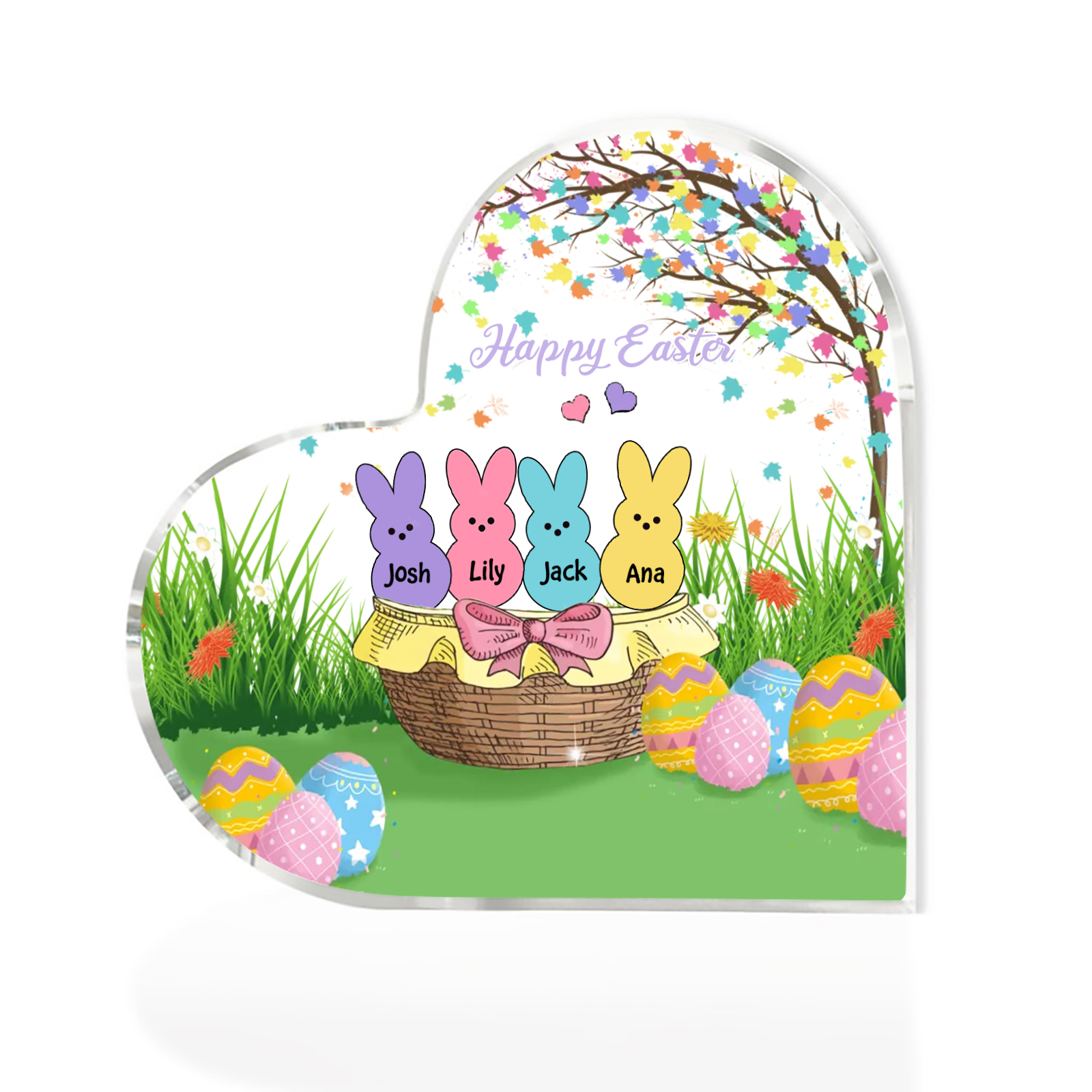 Personalisierbarer 1 Text & 4 Namen Ostern Herz-Acryl-Deko mit Hase