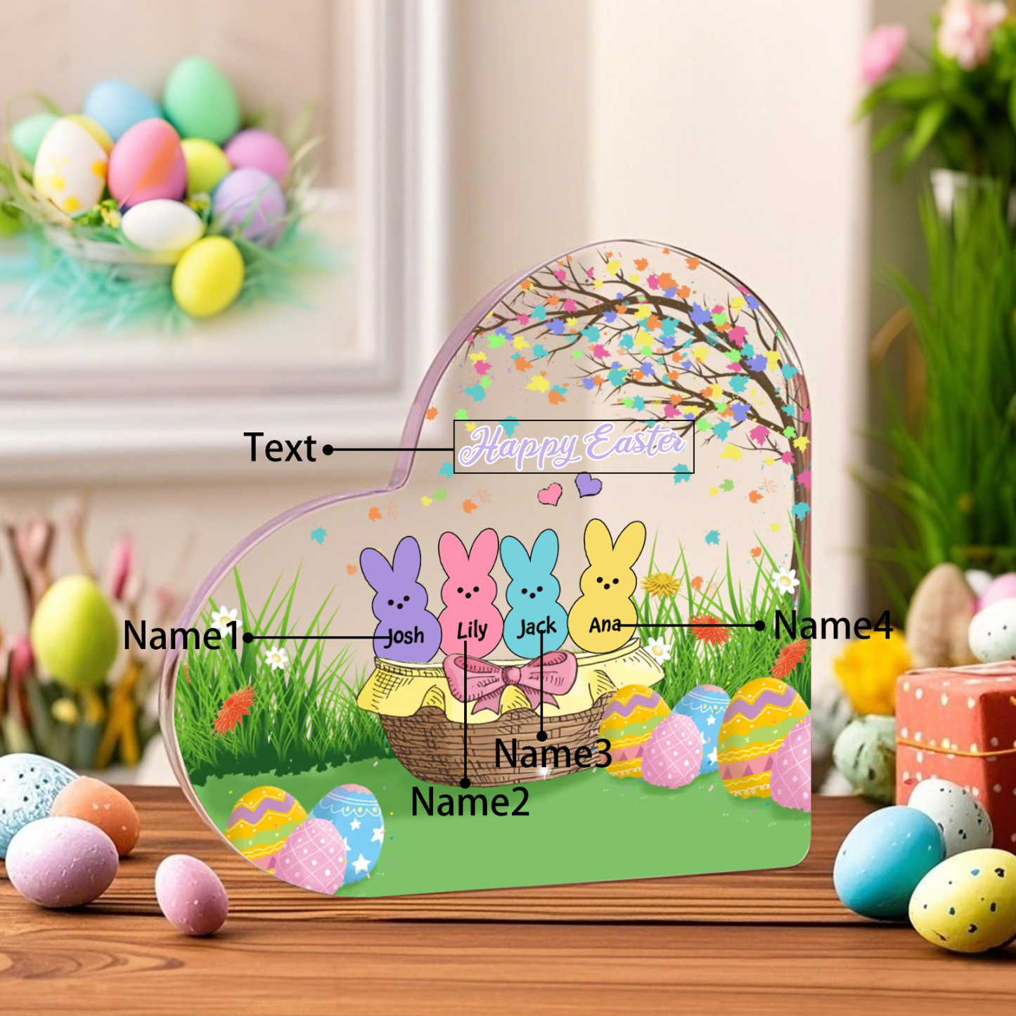 Personalisierbarer 1 Text & 4 Namen Ostern Herz-Acryl-Deko mit Hase