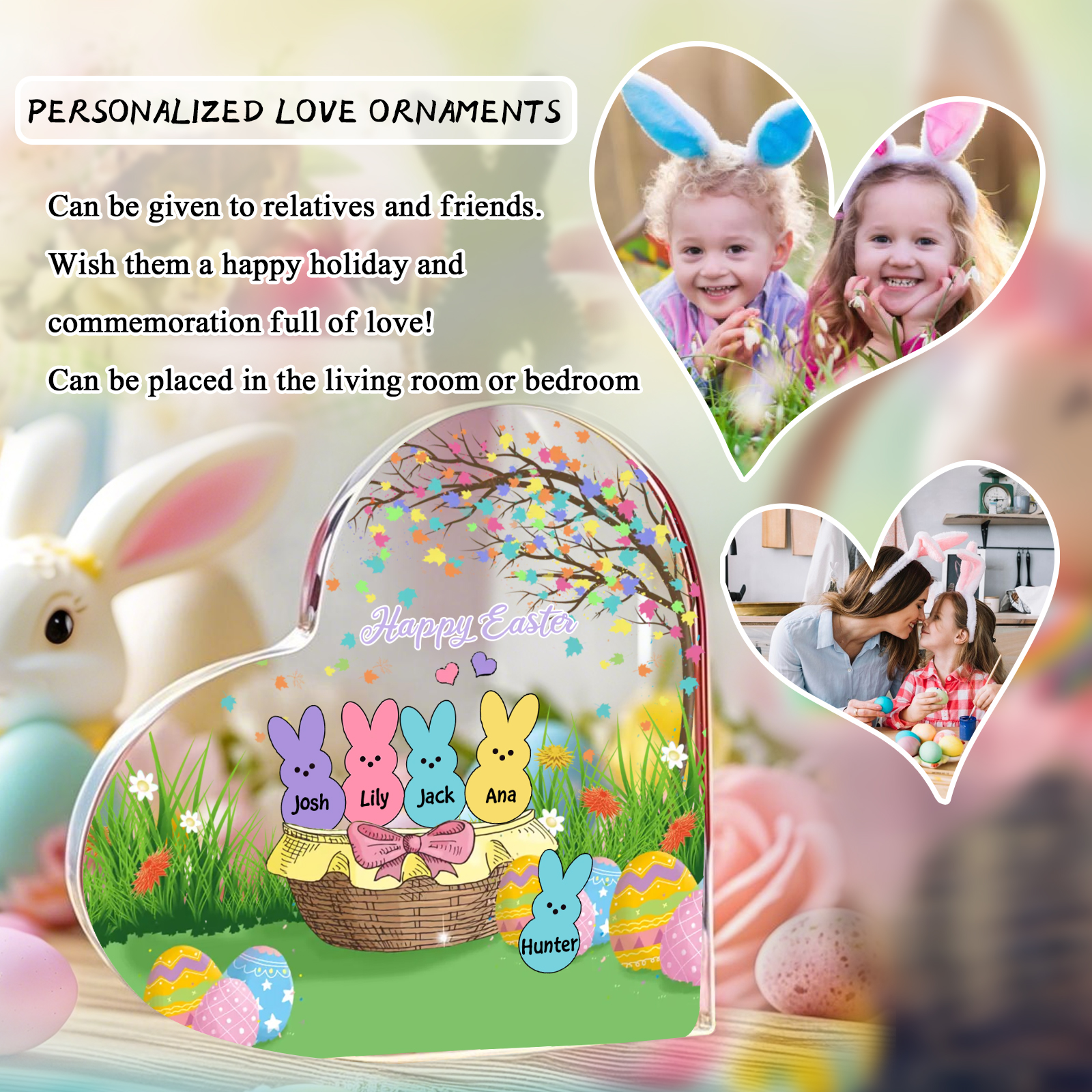 Personalisierbarer 1 Text & 5 Namen Ostern Herz-Acryl-Deko mit Hase