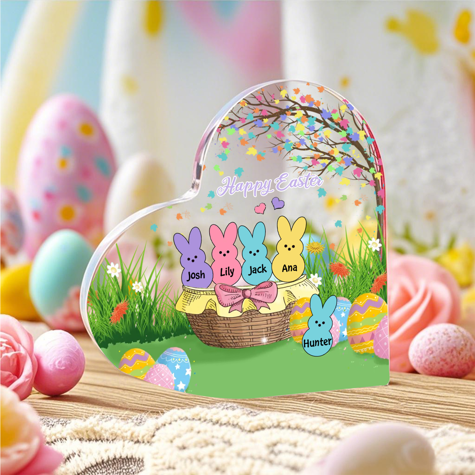 Personalisierbarer 1 Text & 5 Namen Ostern Herz-Acryl-Deko mit Hase