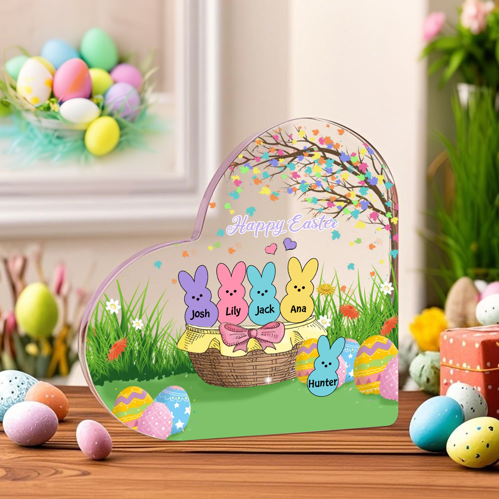 Personalisierbarer 1 Text & 5 Namen Ostern Herz-Acryl-Deko mit Hase