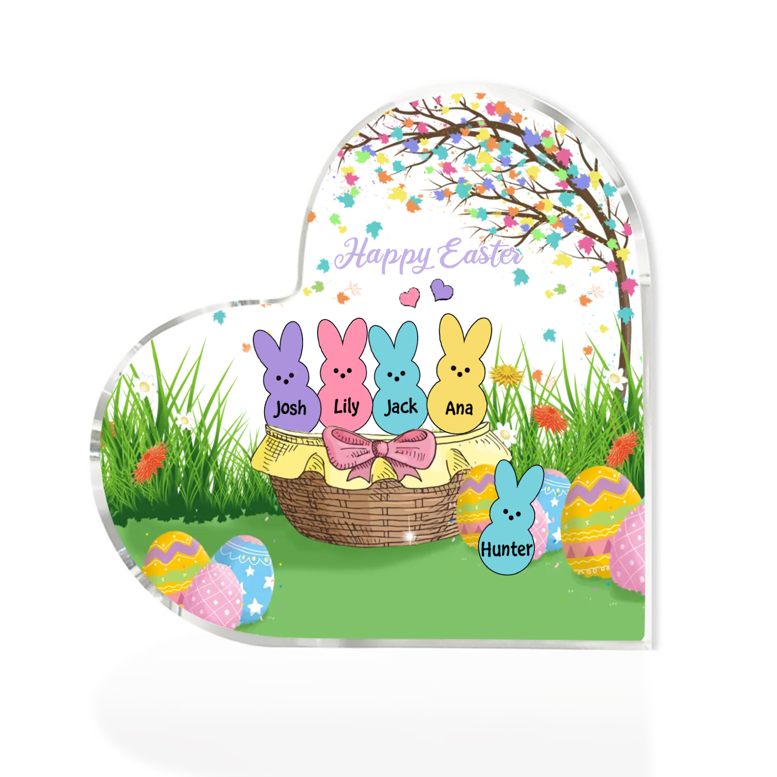 Personalisierbarer 1 Text & 5 Namen Ostern Herz-Acryl-Deko mit Hase