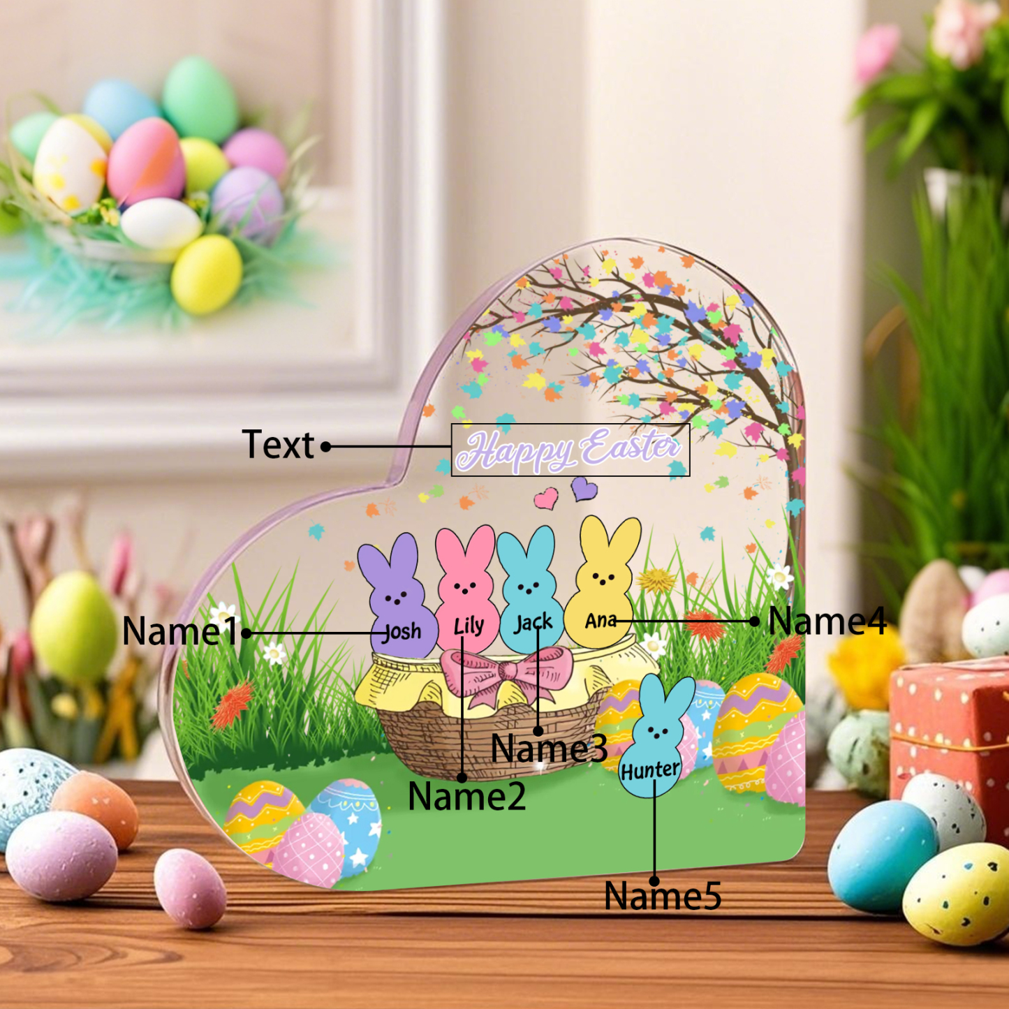 Personalisierbarer 1 Text & 5 Namen Ostern Herz-Acryl-Deko mit Hase