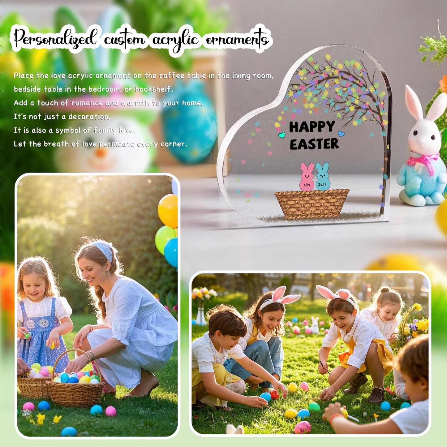 Personalisierbarer 1 Text & 2 Namen Ostern Herz-Acryl-Deko mit Hase