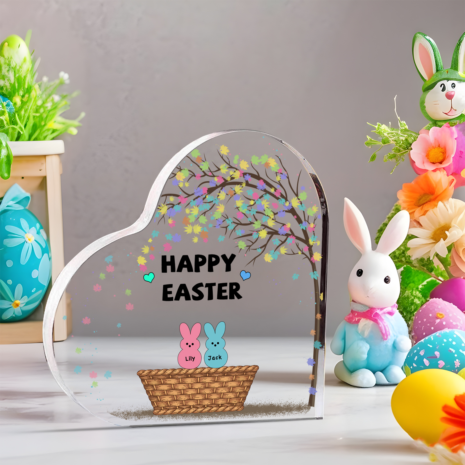 Personalisierbarer 1 Text & 2 Namen Ostern Herz-Acryl-Deko mit Hase