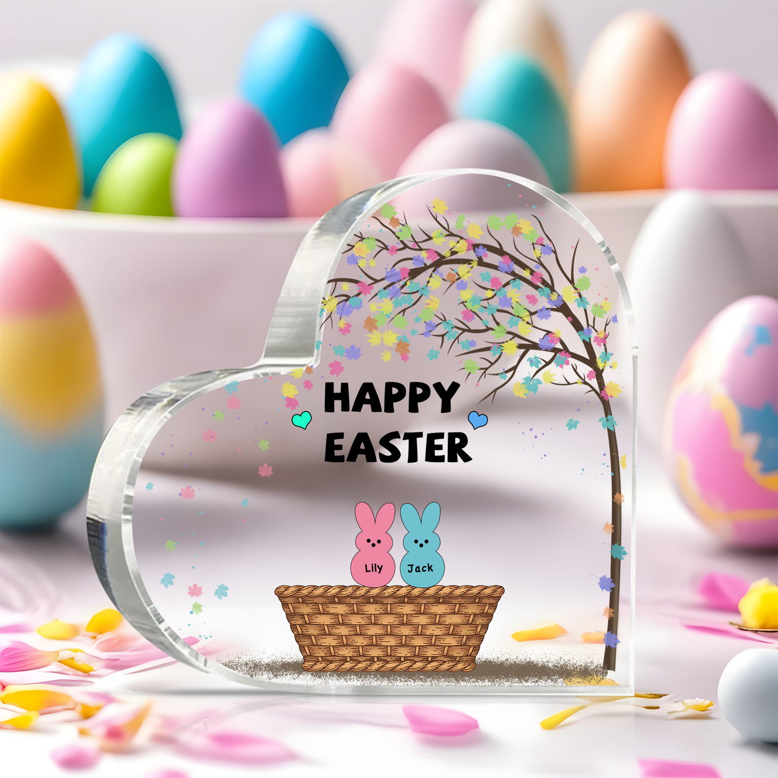 Personalisierbarer 1 Text & 2 Namen Ostern Herz-Acryl-Deko mit Hase