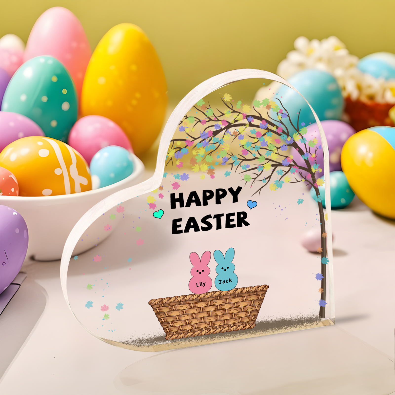Personalisierbarer 1 Text & 2 Namen Ostern Herz-Acryl-Deko mit Hase
