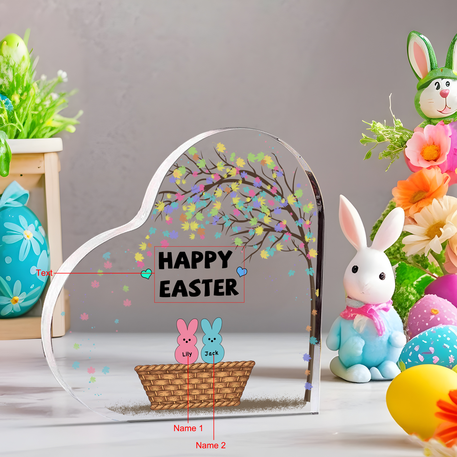 Personalisierbarer 1 Text & 2 Namen Ostern Herz-Acryl-Deko mit Hase
