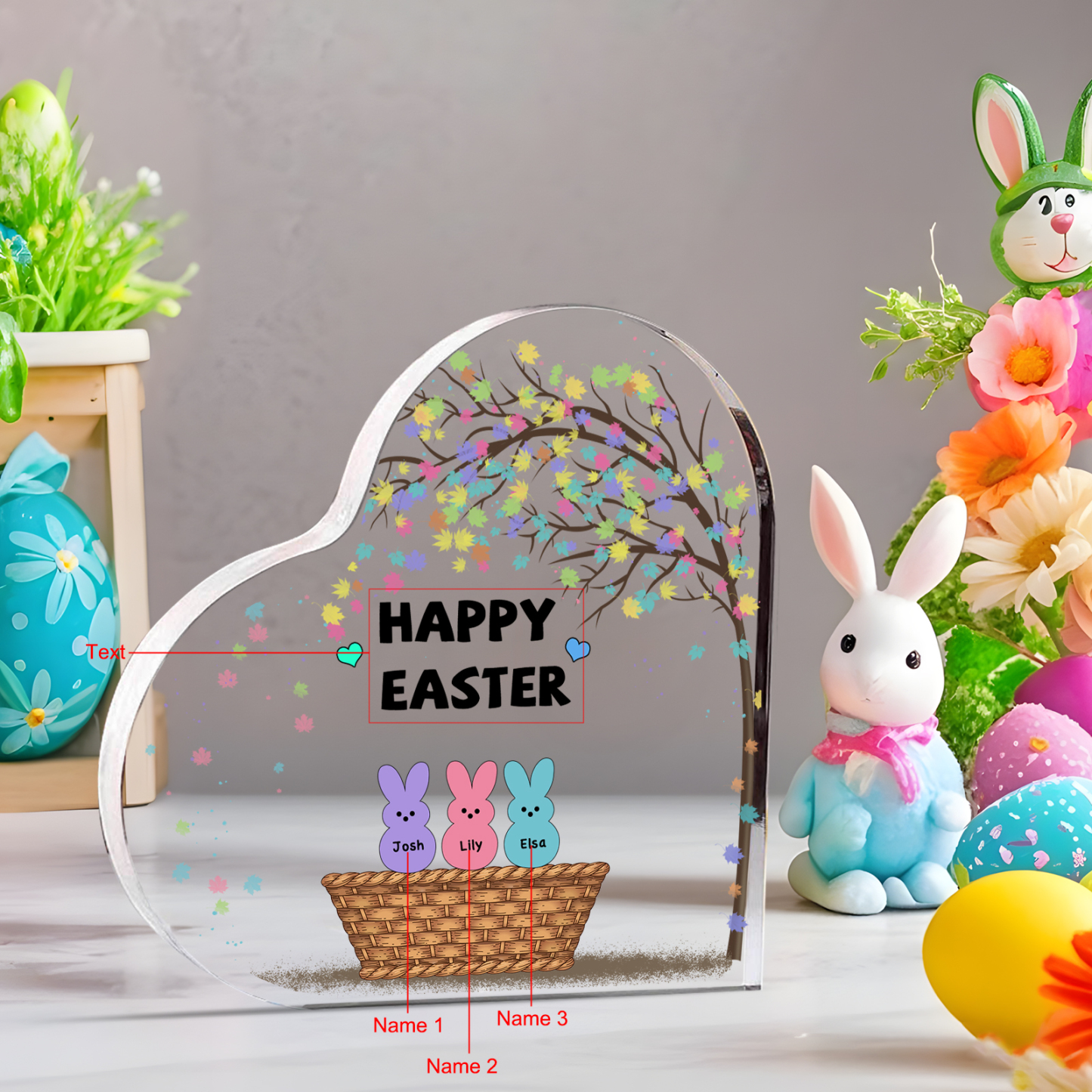 Personalisierbarer 1 Text &  Namen Ostern Herz-Acryl-Deko mit Hase
