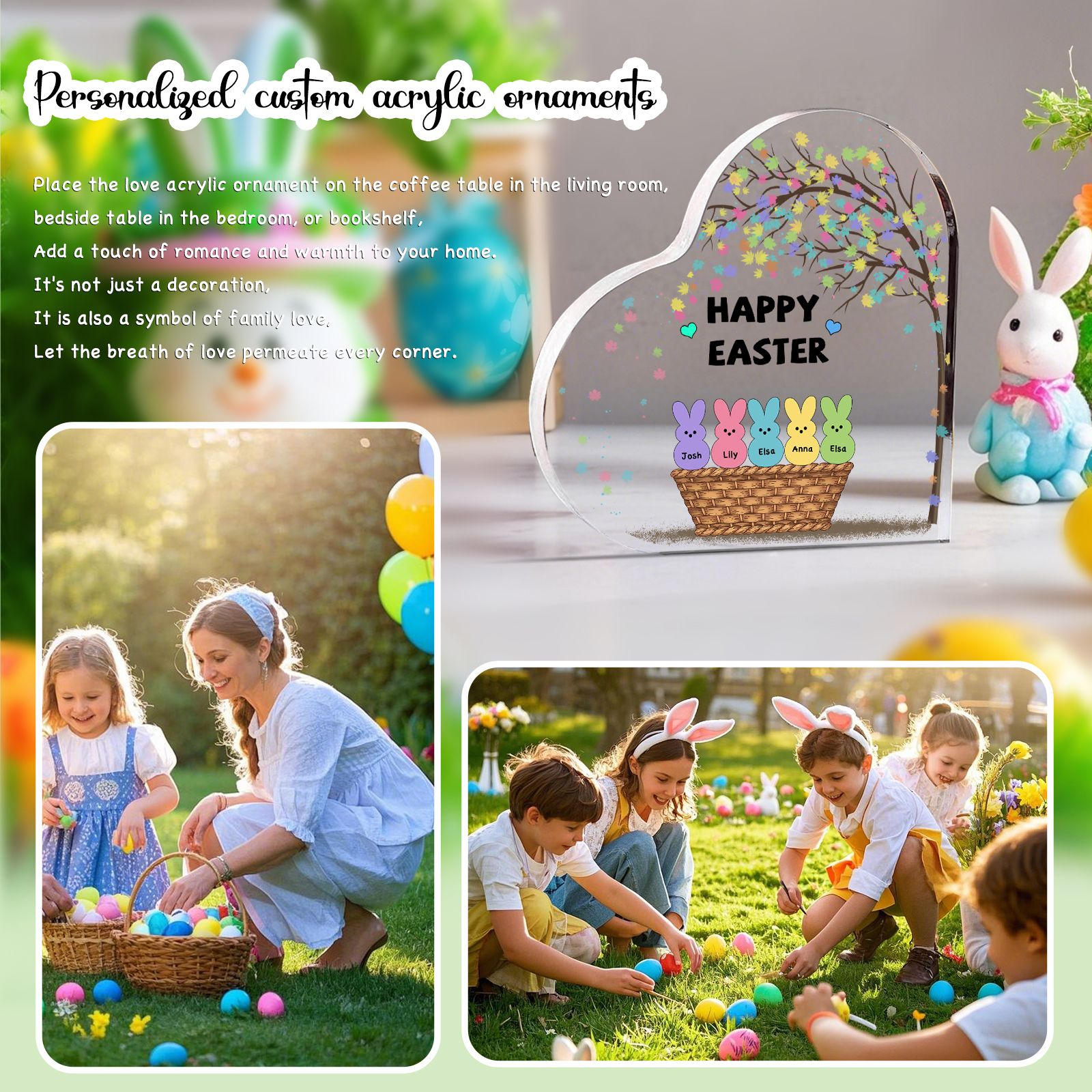 Personalisierbarer 1 Text & 5 Namen Ostern Herz-Acryl-Deko mit Hase