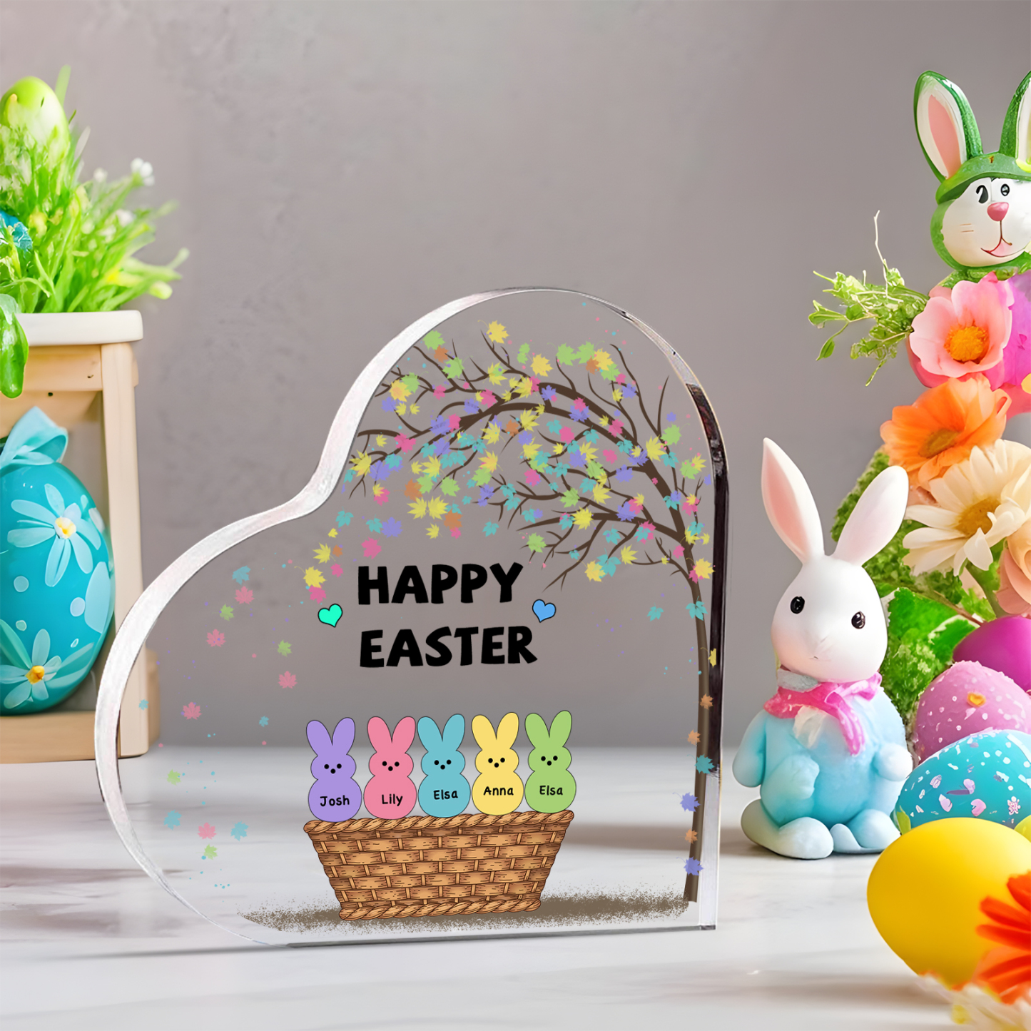 Personalisierbarer 1 Text & 5 Namen Ostern Herz-Acryl-Deko mit Hase