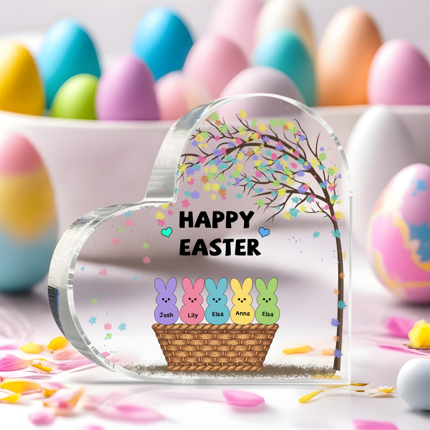 Personalisierbarer 1 Text & 5 Namen Ostern Herz-Acryl-Deko mit Hase