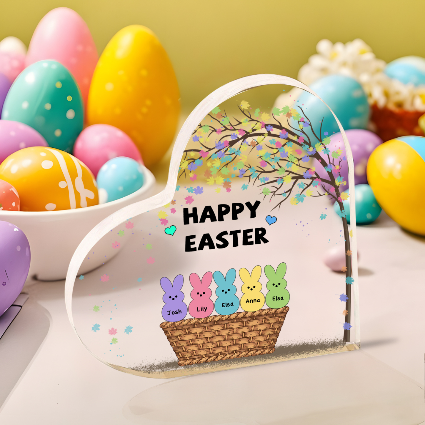 Personalisierbarer 1 Text & 5 Namen Ostern Herz-Acryl-Deko mit Hase