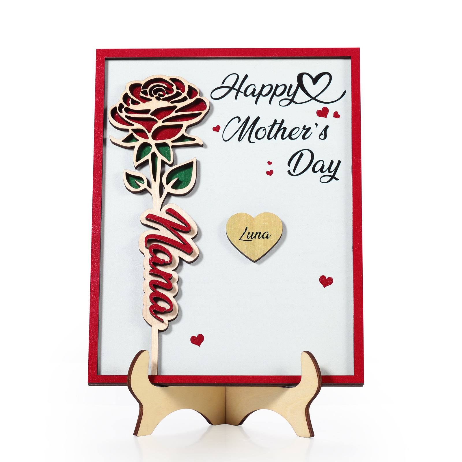Personalisierbares 1-4 Namen & 2 Texte Holzrahmen Deko –Alles gute zum Muttertag-Rose Blume Herz Ornament für Mama