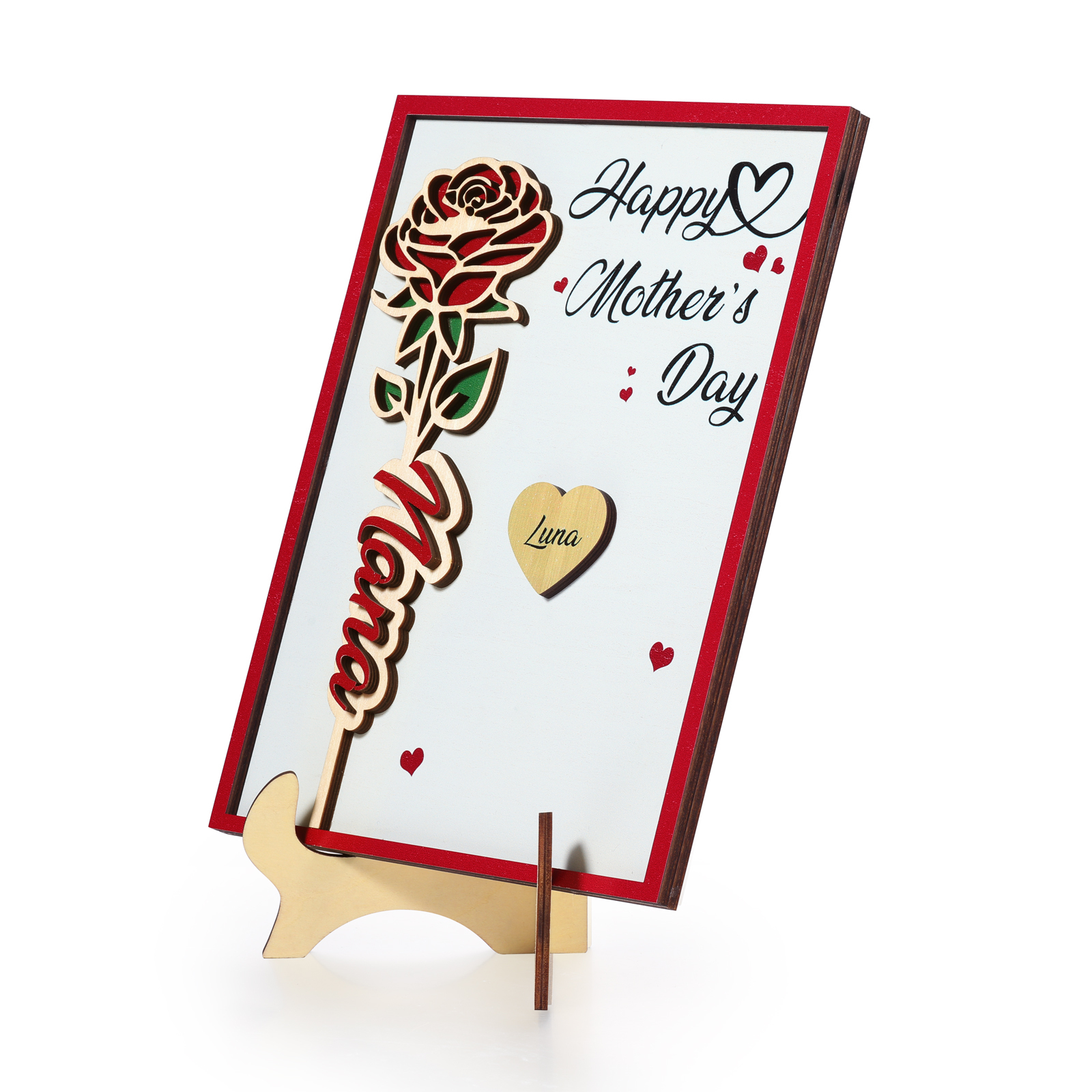 Personalisierbares 1-4 Namen & 2 Texte Holzrahmen Deko –Alles gute zum Muttertag-Rose Blume Herz Ornament für Mama