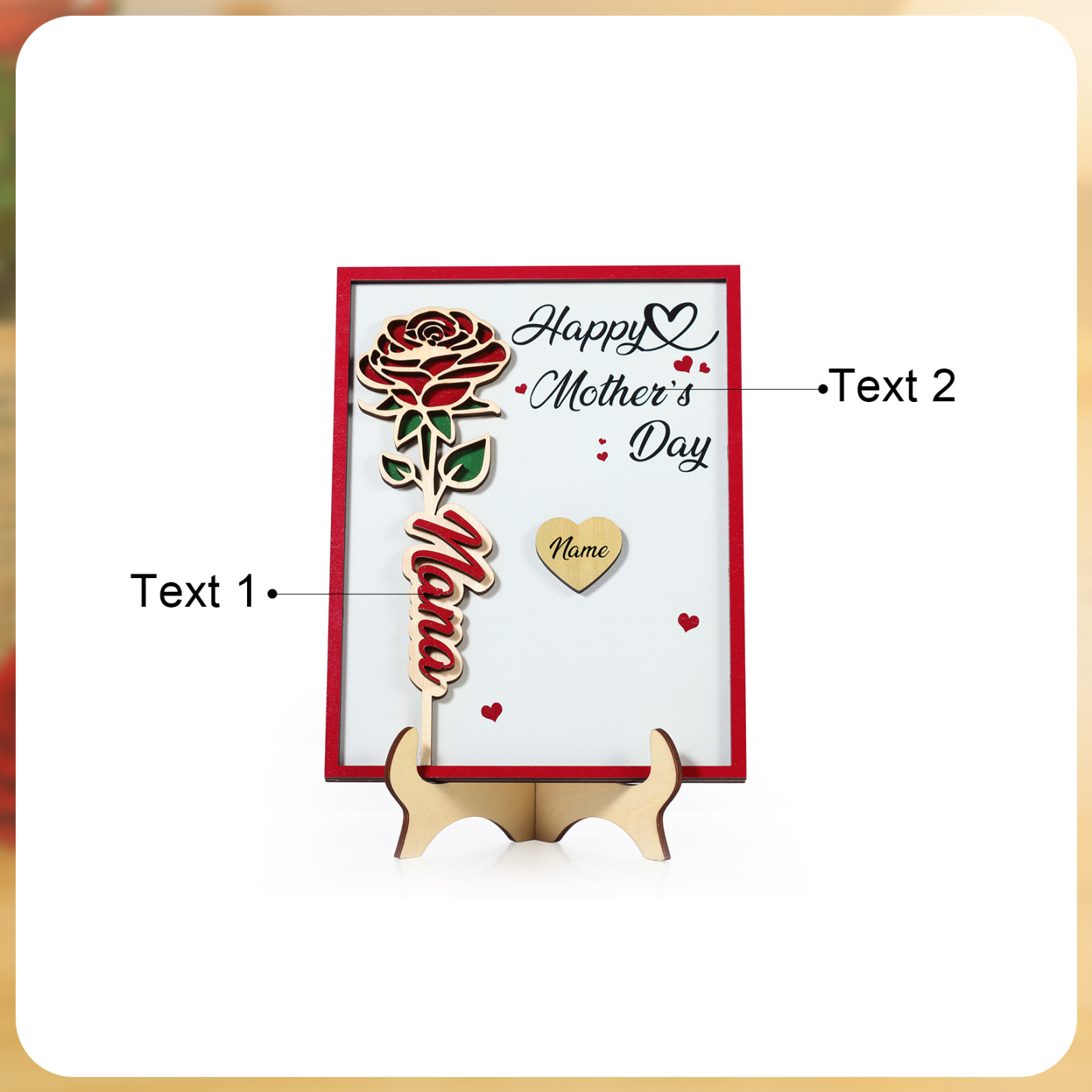 Personalisierbares 1-4 Namen & 2 Texte Holzrahmen Deko –Alles gute zum Muttertag-Rose Blume Herz Ornament für Mama
