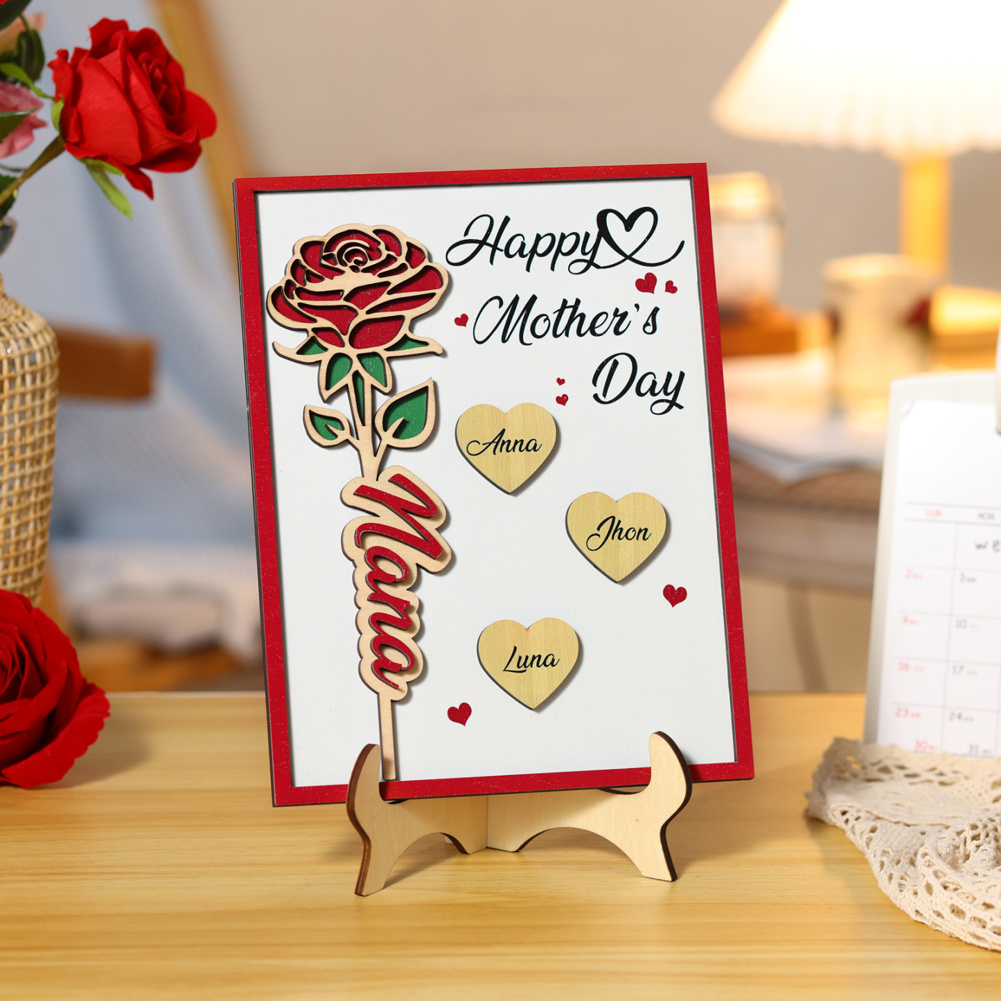 Personalisierbares 1-4 Namen & 2 Texte Holzrahmen Deko –Alles gute zum Muttertag-Rose Blume Herz Ornament für Mama