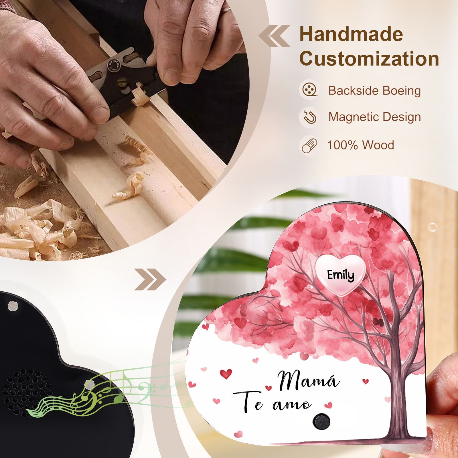 Herz Personalisiertes 1 Name & Text & Lied farbige Acryl Kühlschrankmagnet mit Musikfunktion & Stammbaum