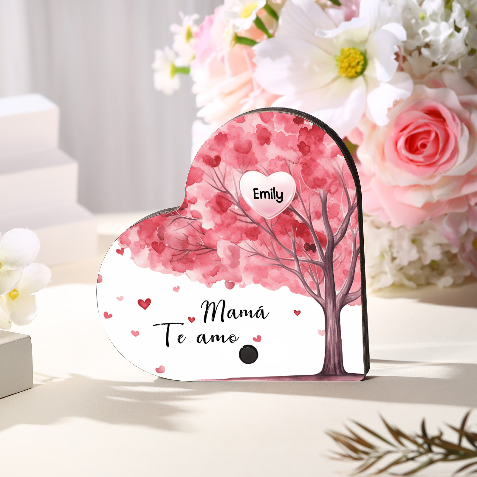 Herz Personalisiertes 1 Name & Text & Lied farbige Acryl Kühlschrankmagnet mit Musikfunktion & Stammbaum