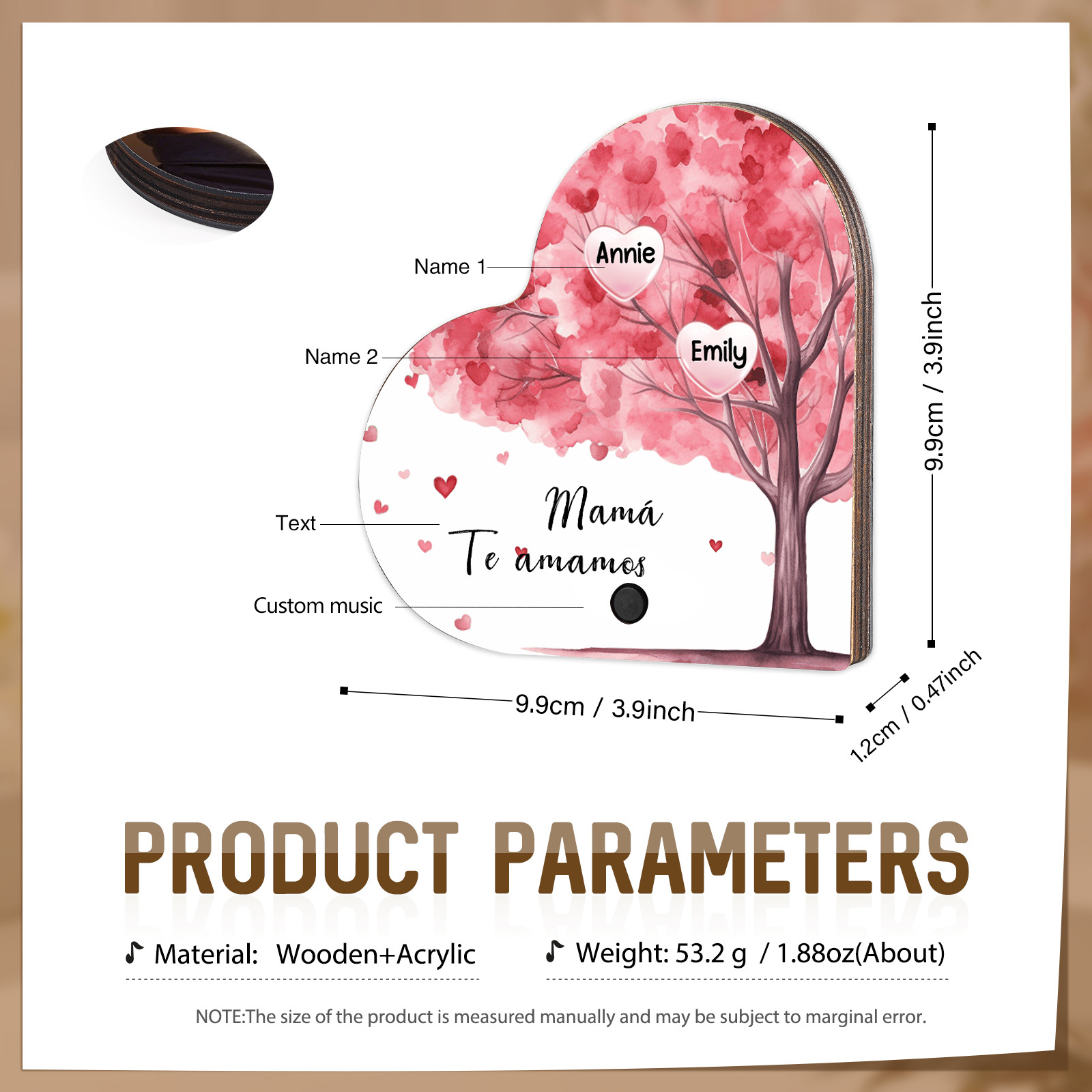 Herz Personalisiertes 2 Namen & Text & Lied farbige Acryl Kühlschrankmagnet mit Musikfunktion & Stammbaum