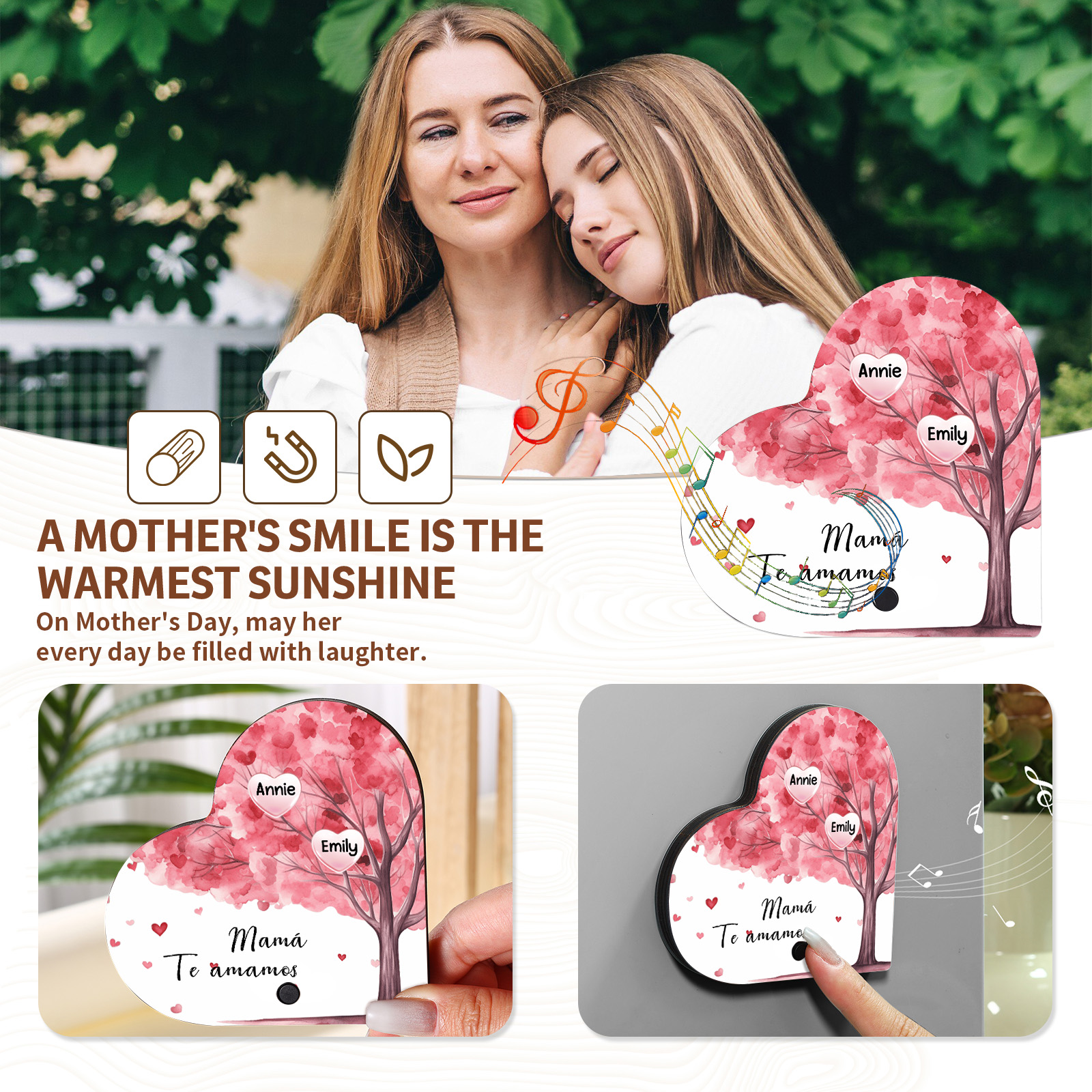 Herz Personalisiertes 2 Namen & Text & Lied farbige Acryl Kühlschrankmagnet mit Musikfunktion & Stammbaum