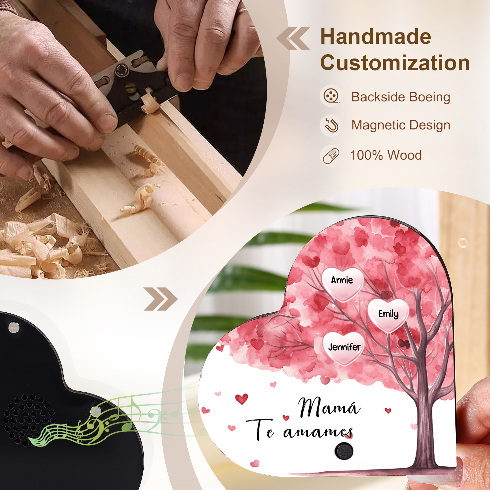 Herz Personalisiertes 3 Namen & Text & Lied farbige Acryl Kühlschrankmagnet mit Musikfunktion & Stammbaum