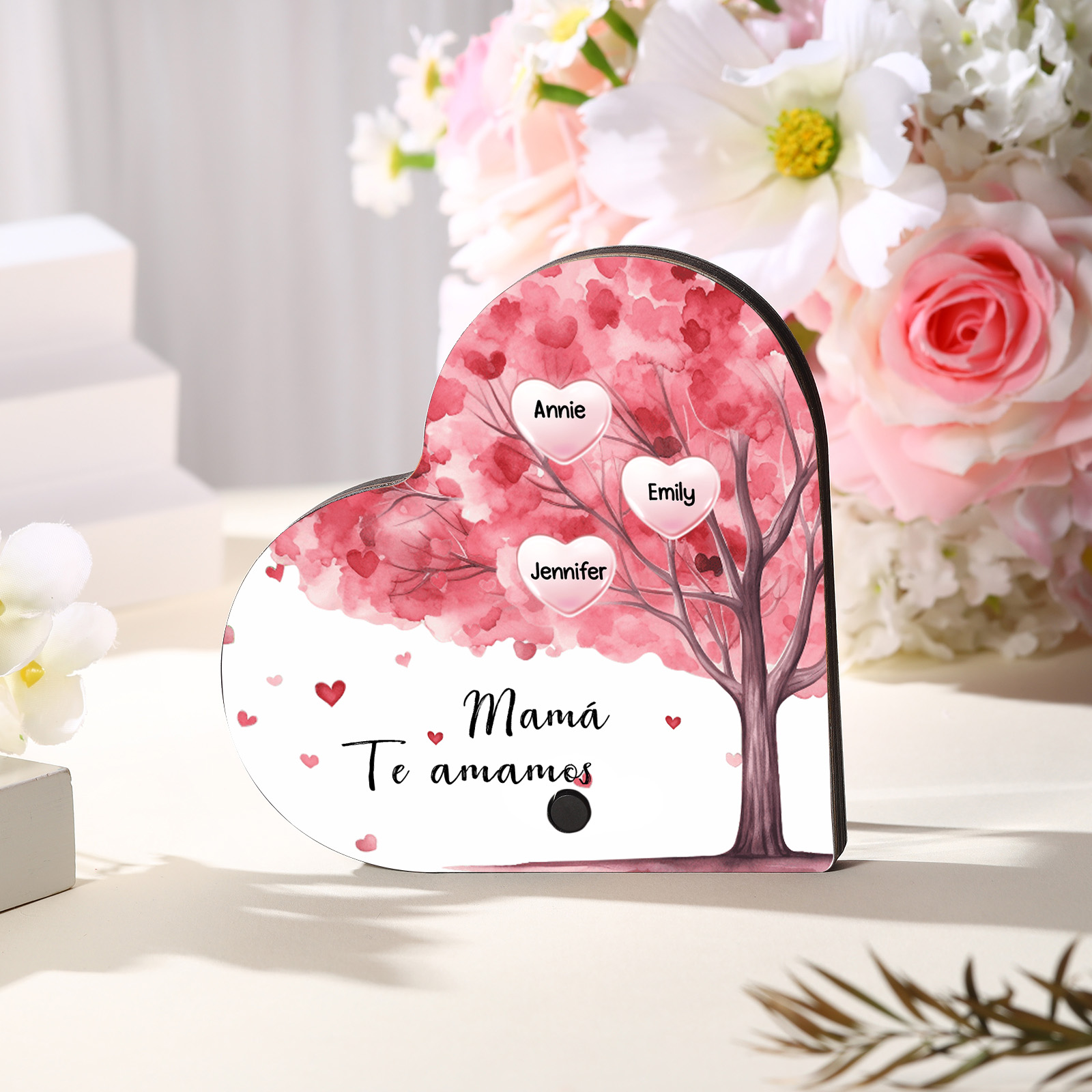 Herz Personalisiertes 3 Namen & Text & Lied farbige Acryl Kühlschrankmagnet mit Musikfunktion & Stammbaum