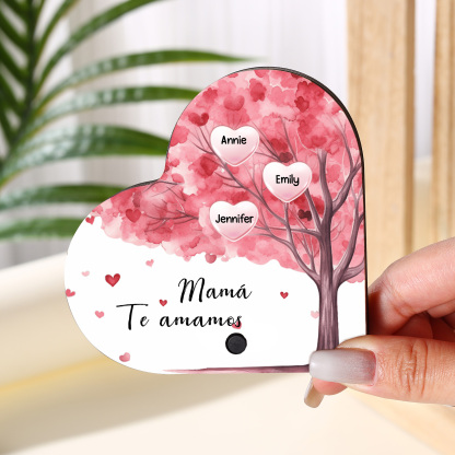 Herz Personalisiertes 3 Namen & Text & Lied farbige Acryl Kühlschrankmagnet mit Musikfunktion & Stammbaum