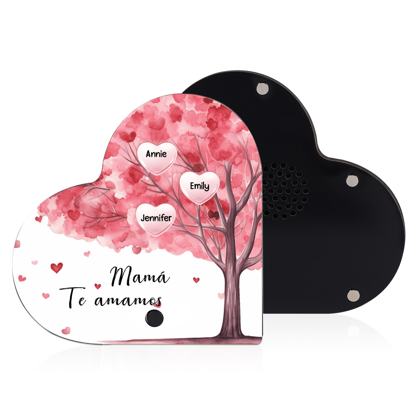 Herz Personalisiertes 3 Namen & Text & Lied farbige Acryl Kühlschrankmagnet mit Musikfunktion & Stammbaum