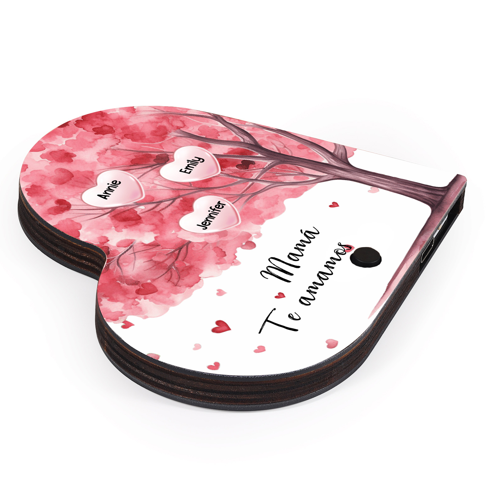 Herz Personalisiertes 3 Namen & Text & Lied farbige Acryl Kühlschrankmagnet mit Musikfunktion & Stammbaum