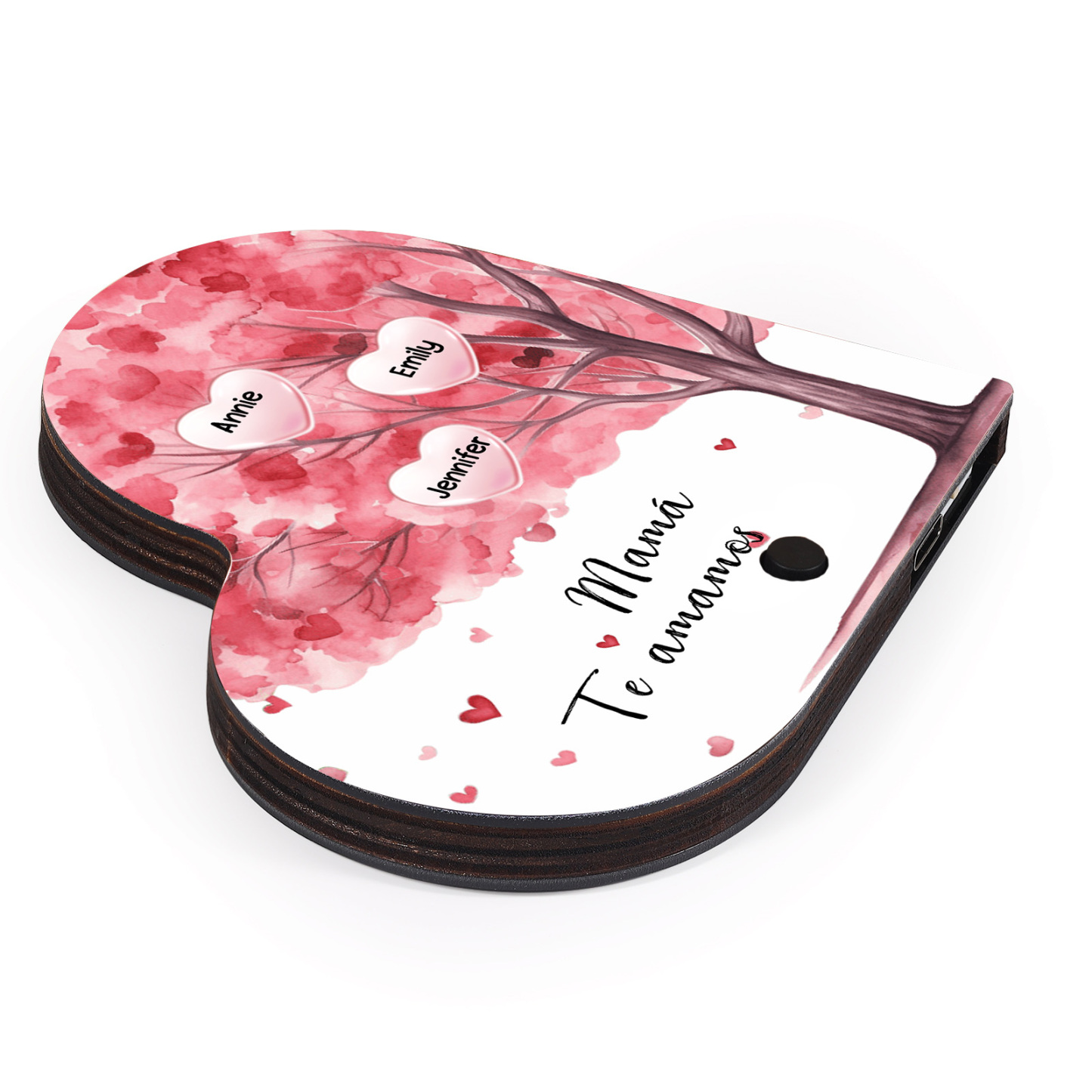 Herz Personalisiertes 3 Namen & Text & Lied farbige Acryl Kühlschrankmagnet mit Musikfunktion & Stammbaum