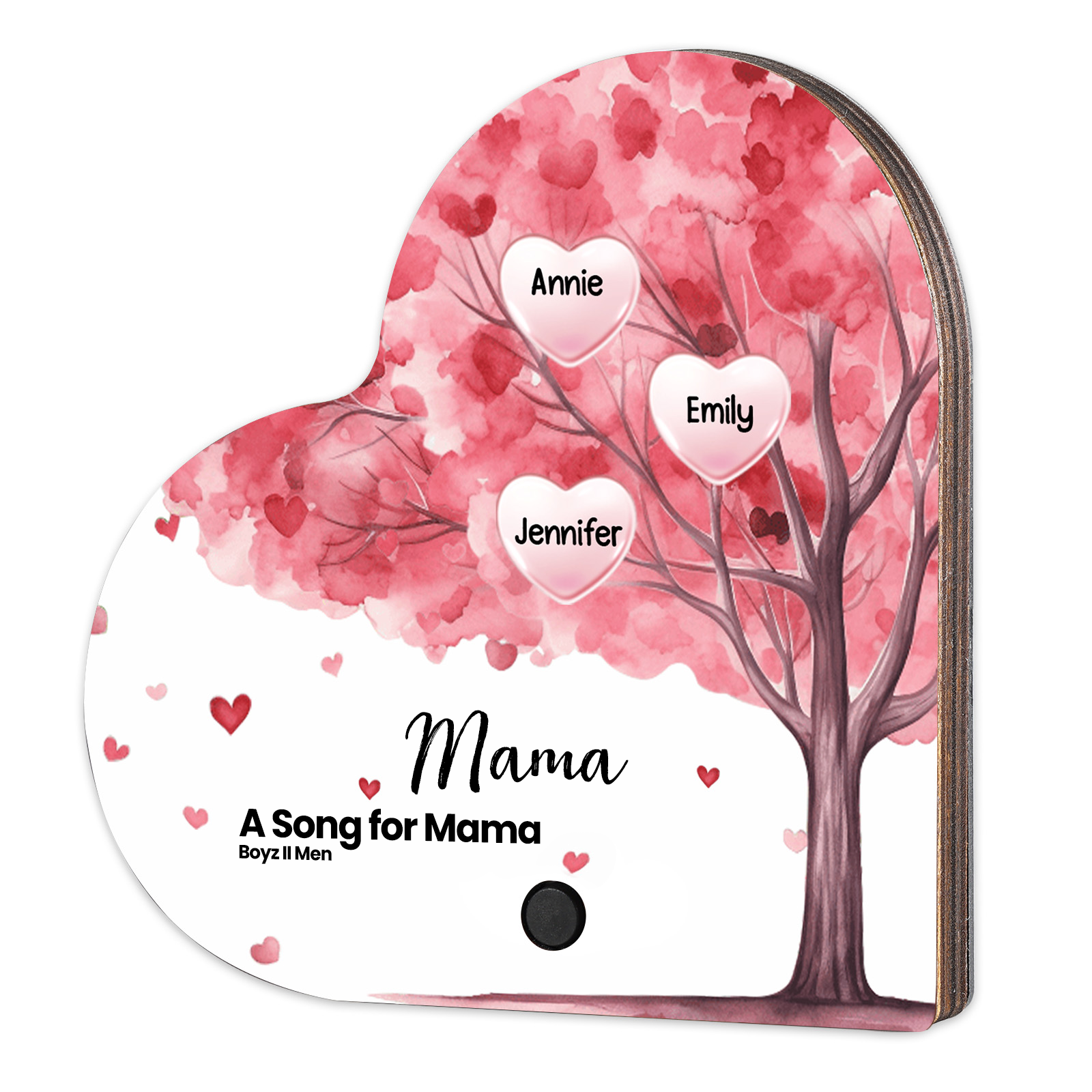 Herz Personalisiertes 3 Namen & Text & Lied farbige Acryl Kühlschrankmagnet mit Musikfunktion & Stammbaum