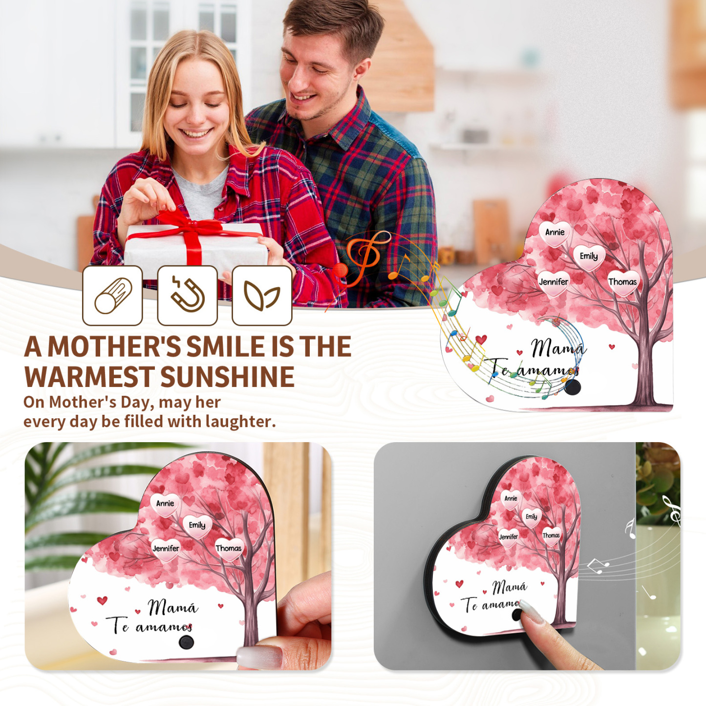 Herz Personalisiertes 4 Namen & Text & Lied farbige Acryl Kühlschrankmagnet mit Musikfunktion & Stammbaum