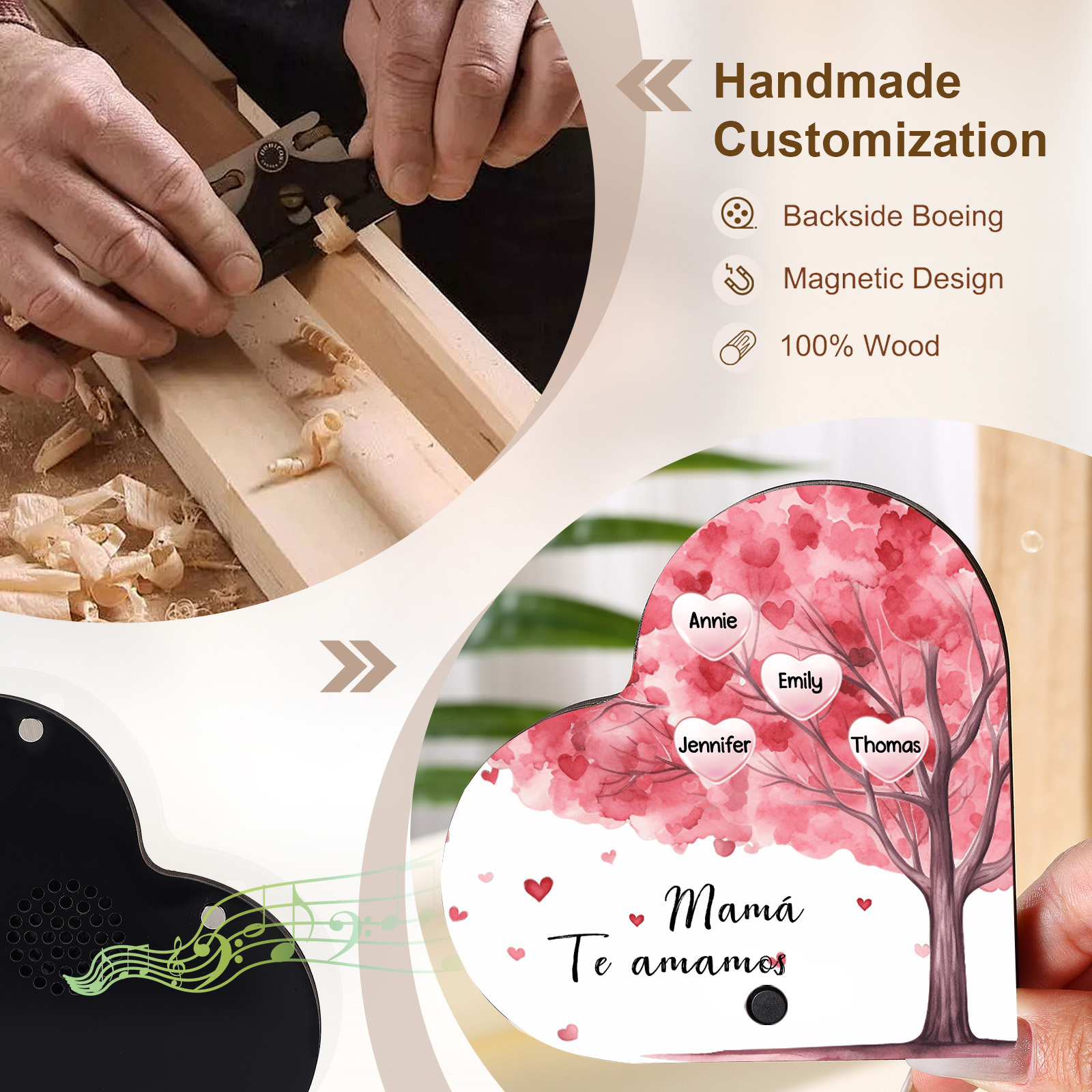 Herz Personalisiertes 4 Namen & Text & Lied farbige Acryl Kühlschrankmagnet mit Musikfunktion & Stammbaum