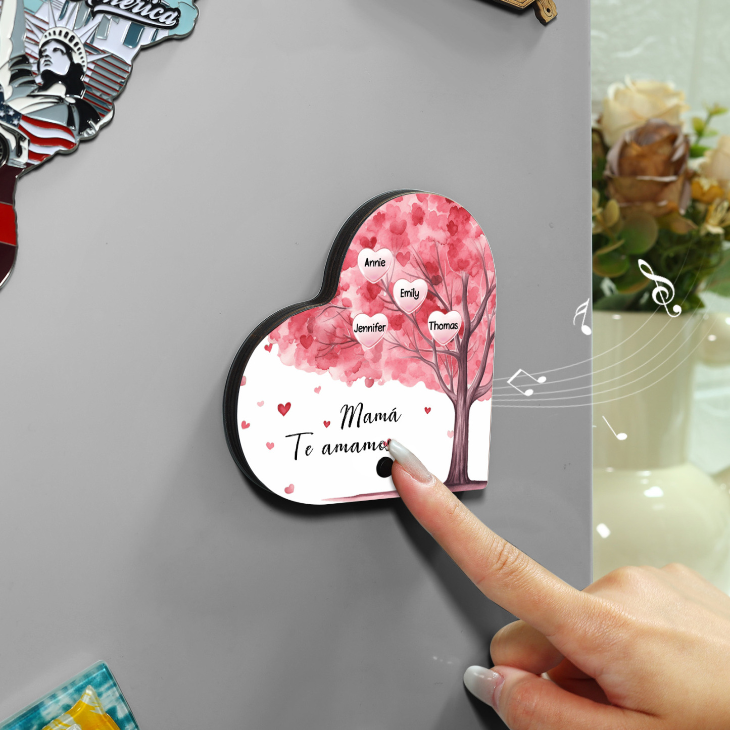 Herz Personalisiertes 4 Namen & Text & Lied farbige Acryl Kühlschrankmagnet mit Musikfunktion & Stammbaum