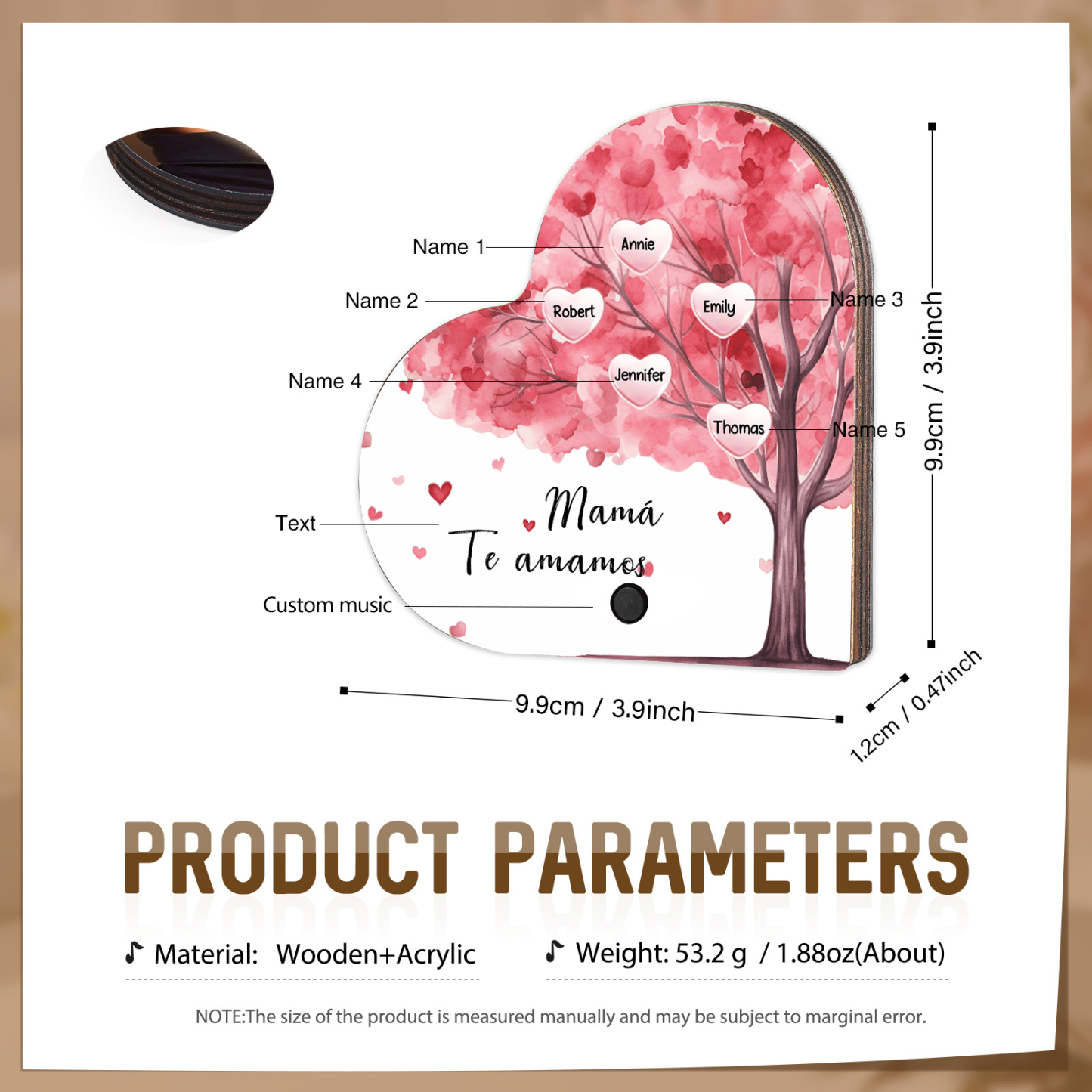 Herz Personalisiertes 5 Namen & Text & Lied farbige Acryl Kühlschrankmagnet mit Musikfunktion & Stammbaum