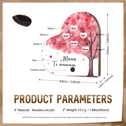 Herz Personalisiertes 5 Namen & Text & Lied farbige Acryl Kühlschrankmagnet mit Musikfunktion & Stammbaum