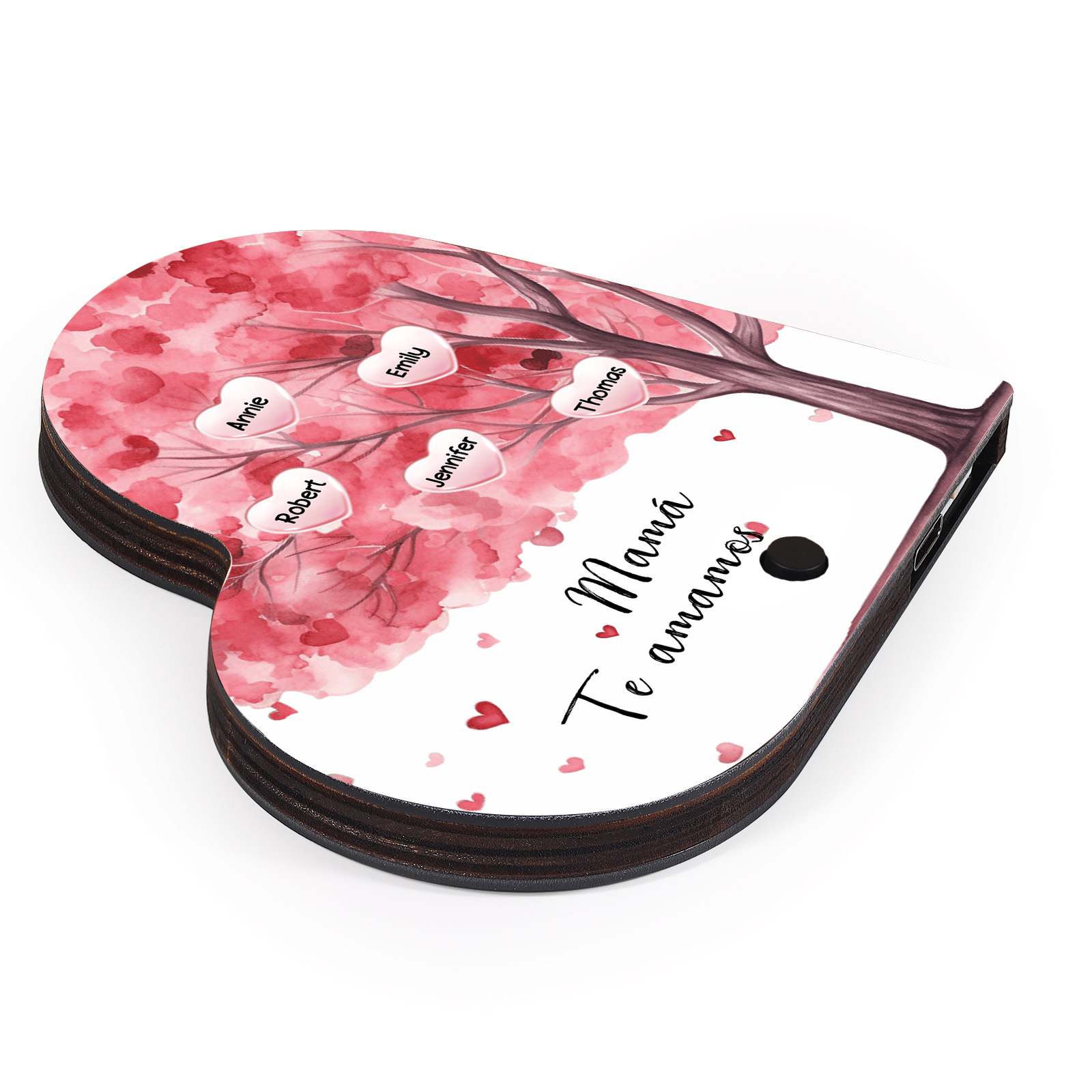 Herz Personalisiertes 5 Namen & Text & Lied farbige Acryl Kühlschrankmagnet mit Musikfunktion & Stammbaum