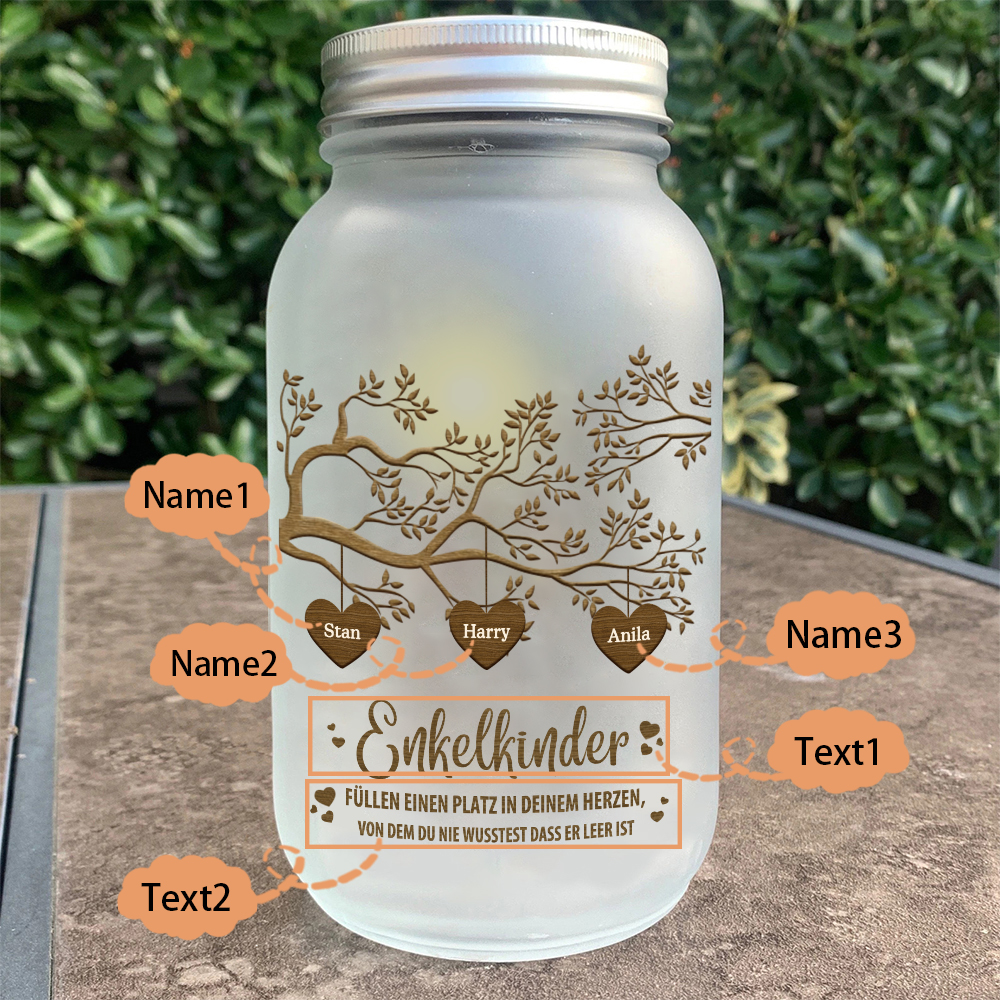 Personalisierte 3 Namen & 2 Texte Familienbaum Licht Glasflaschen-Enkelkinder für Oma/Opa/Mama/Papa